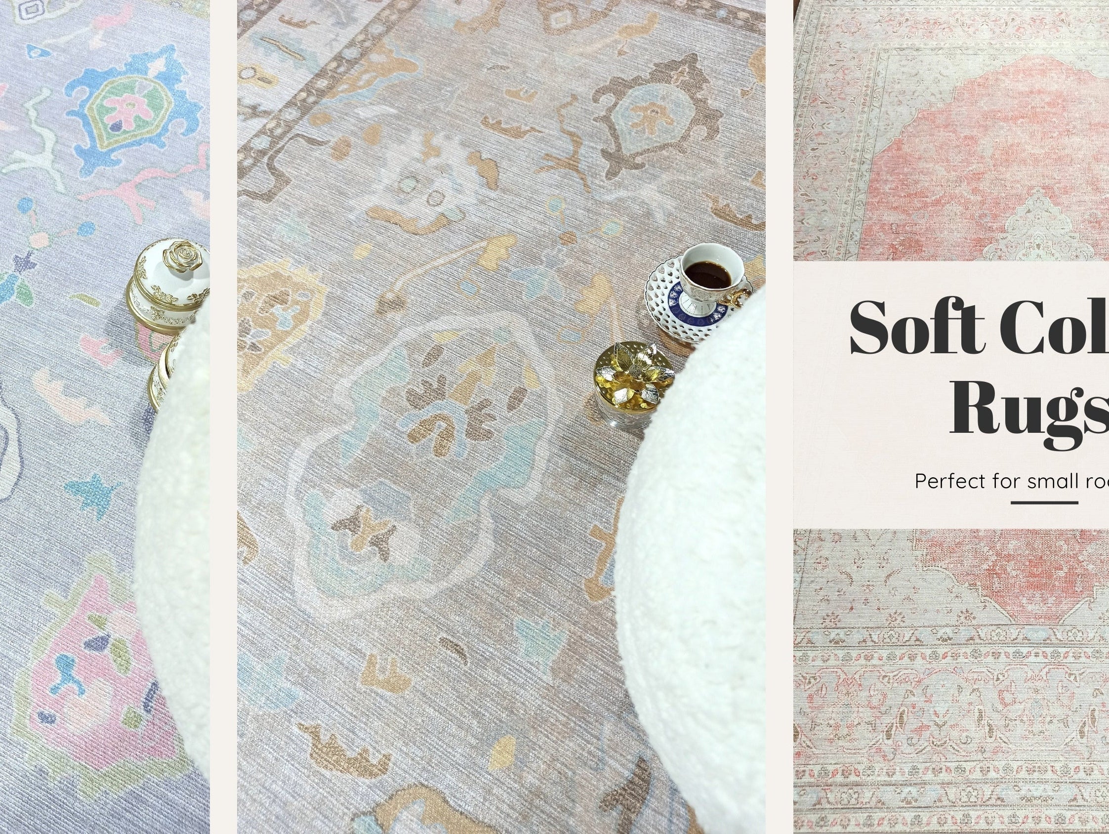 Split image showcasing a variety of soft-colored rugs, including ivory, blush pink, pale blue, and lavender tonesβperfect for brightening and visually expanding small spaces in a stylish, modern home.