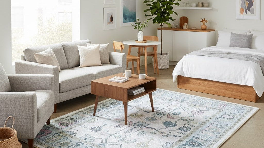 A modern studio apartment featuring a well-placed area rug that defines the living space, adding warmth and helping maximize the small, open layout.