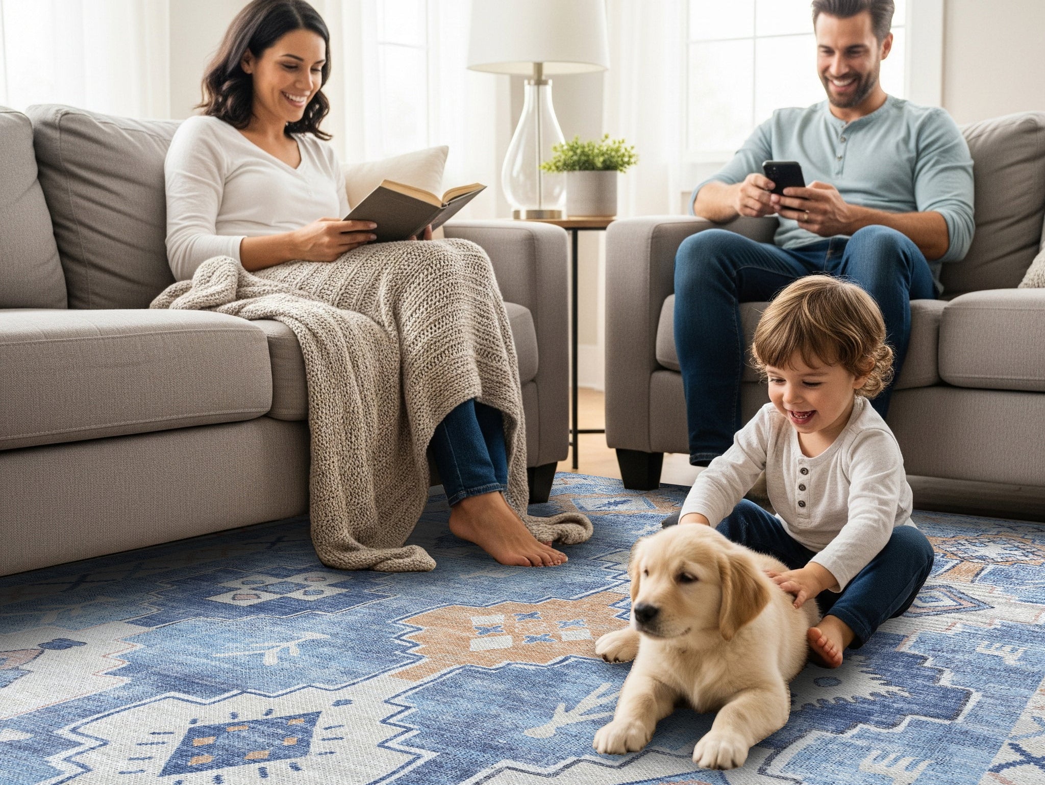 Family with a toddler and dog playing on a soft blue spring area rug in a bright living room