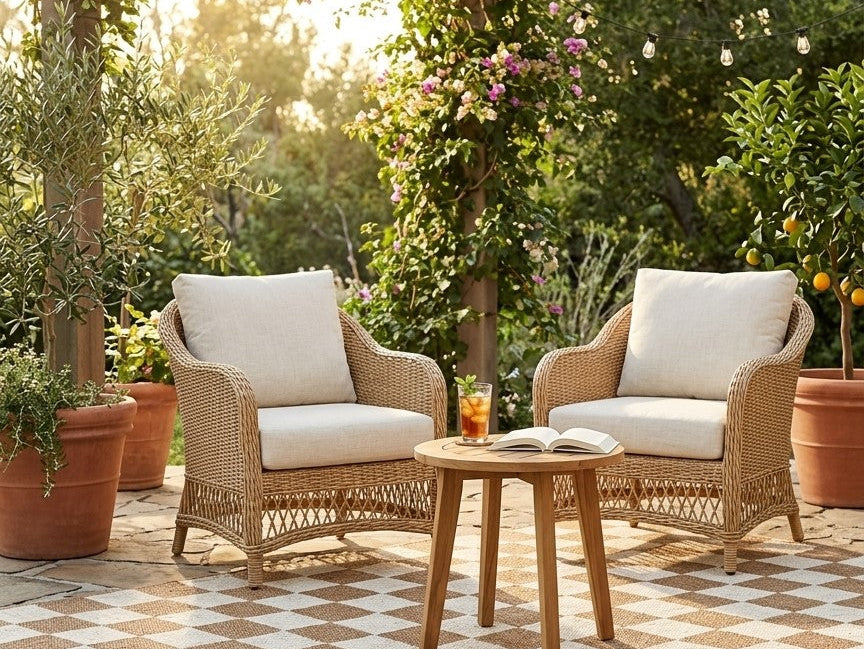 Summer patio with an ivory and sand checkerboard outdoor rug creating a light and airy seasonal look