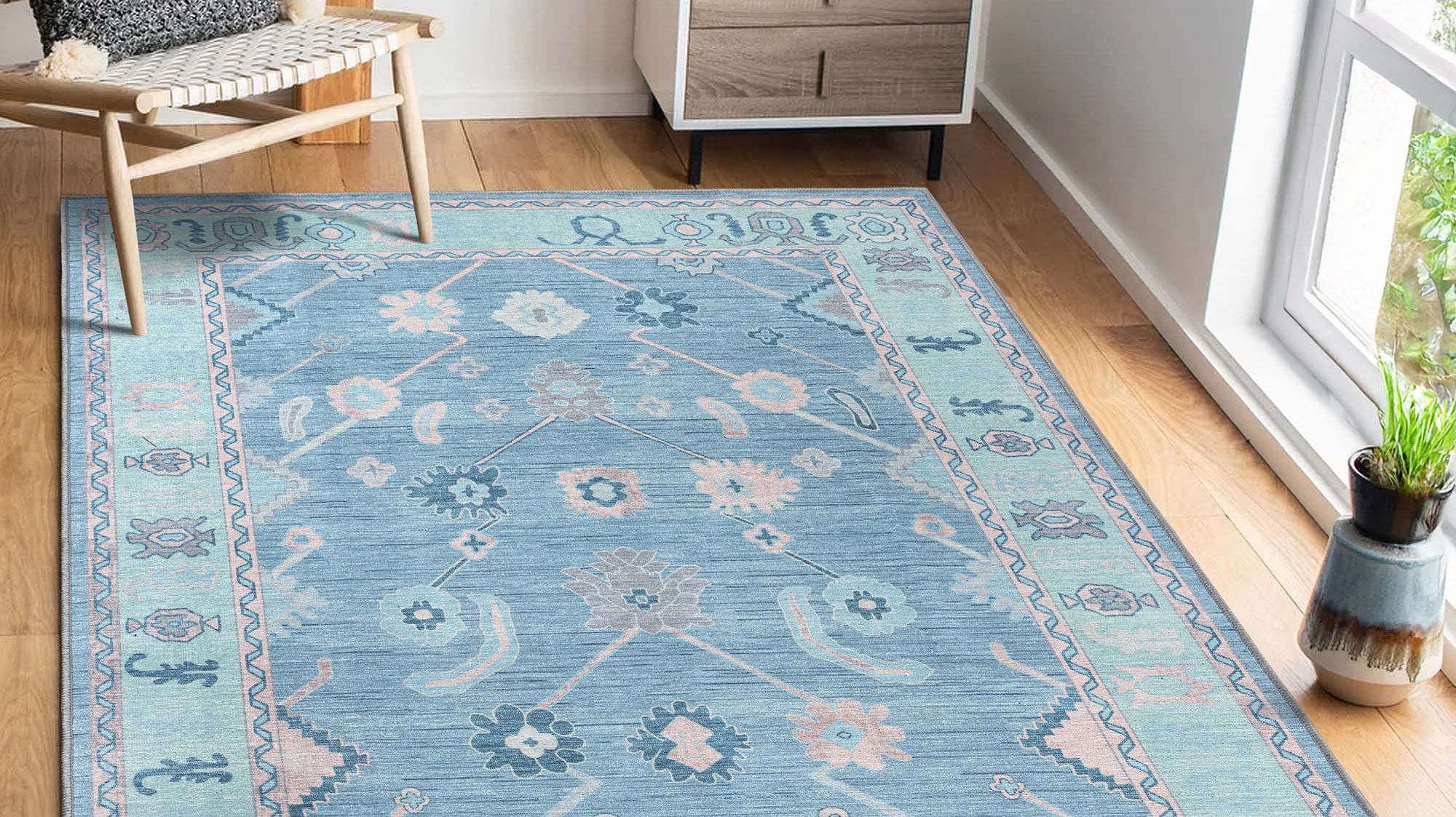 Spring bedroom makeover with a soft pastel area rug under the bed creating a fresh and cozy space.