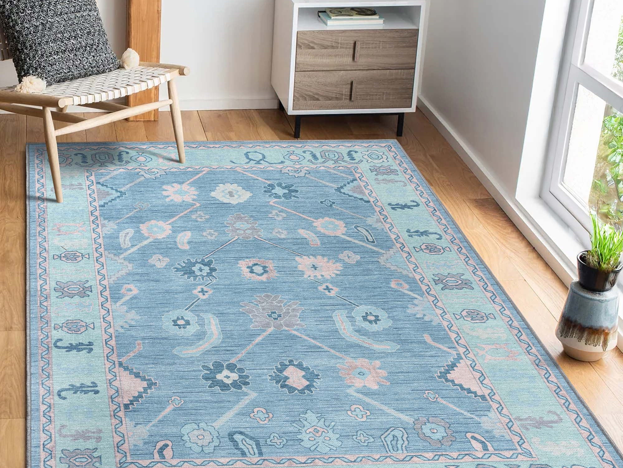 Spring bedroom makeover with a soft pastel area rug under the bed creating a fresh and cozy space.