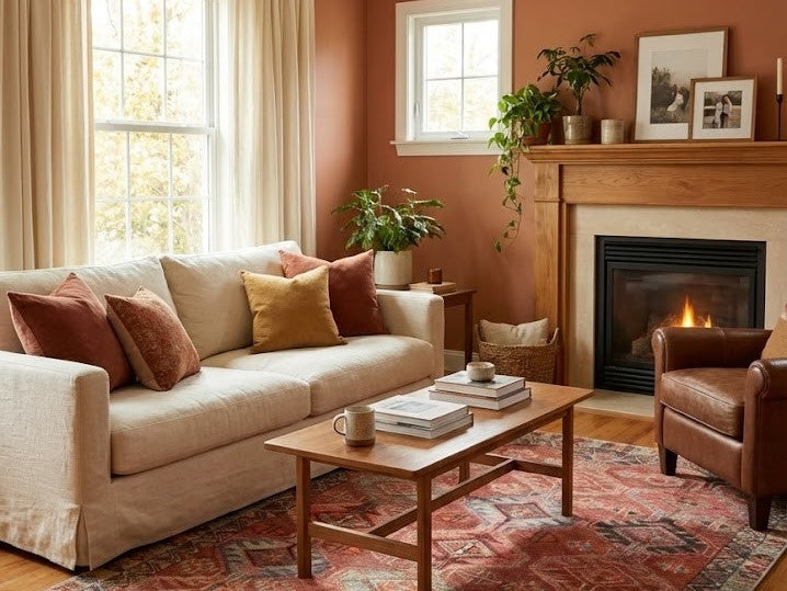 Terracotta area rug adding natural warmth and cozy style to a modern living room interior