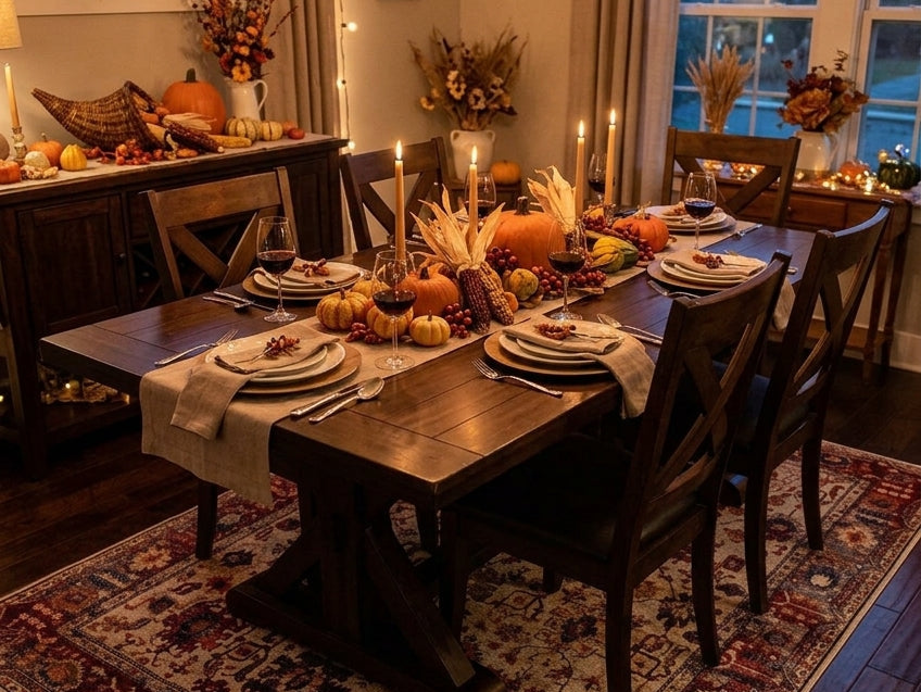 Cozy Thanksgiving home decor with a warm-toned area rug, seasonal accents, and inviting textures for a welcoming holiday atmosphere.