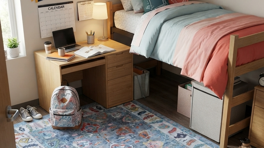 Aviana washable colorful area rug for stylish back-to-school spaces, perfect for kids' rooms and study areas.