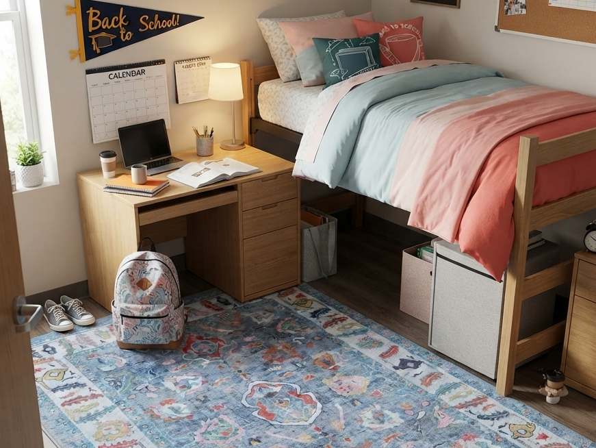 Aviana washable colorful area rug for stylish back-to-school spaces, perfect for kids' rooms and study areas.