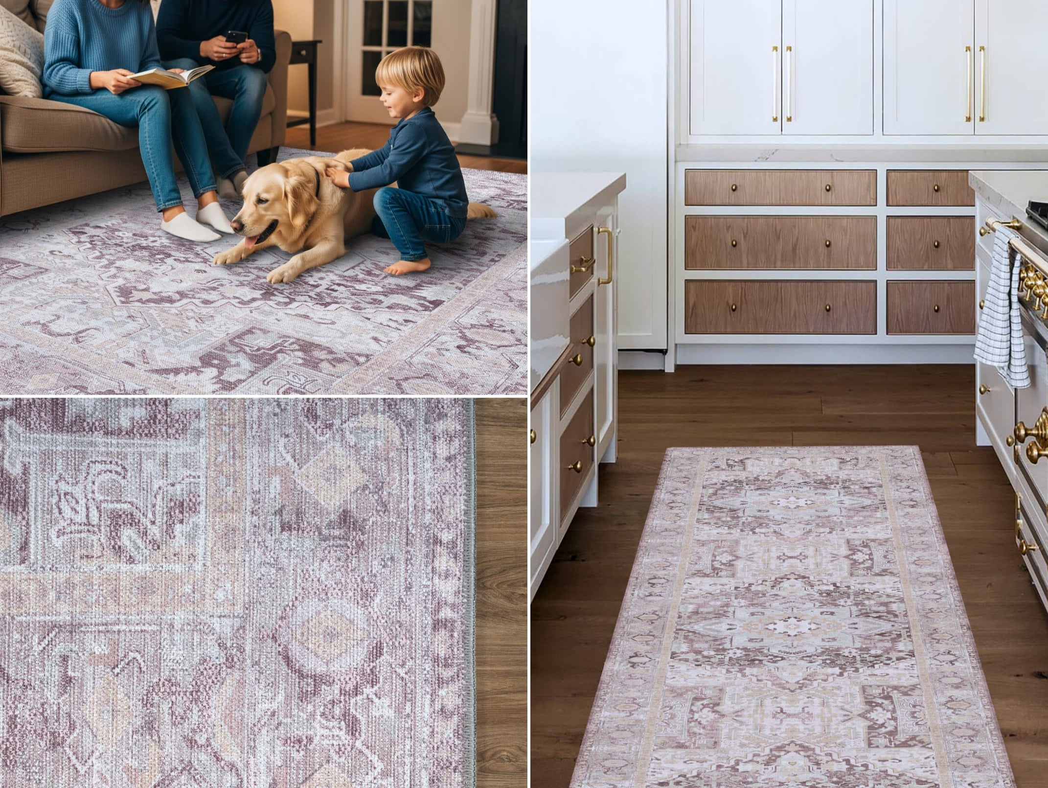 Same rug design shown in three different sizes styled in a living room, kitchen, and hallway to illustrate how rug dimensions transform each space