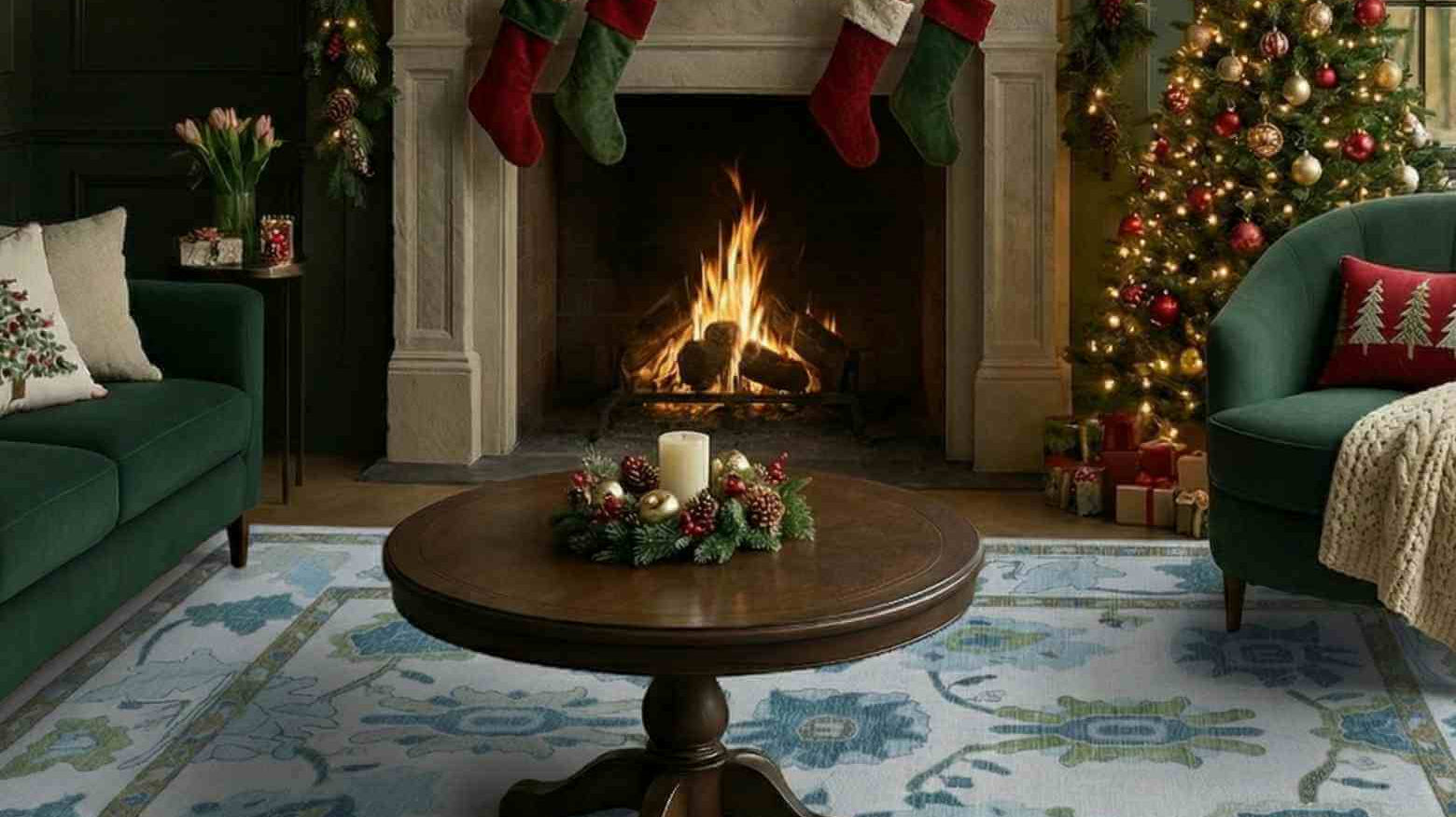 A cozy living room decorated for the holidays, featuring a soft blue and green rug from Fame Rugs placed near a beautifully lit Christmas tree.