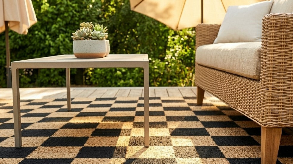 Affordable outdoor patio rug in a modern outdoor seating area, showcasing a high-quality durable rug for stylish outdoor living.