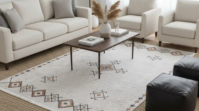 Neutral Moroccan-style rug layered over a jute rug in a modern living room.