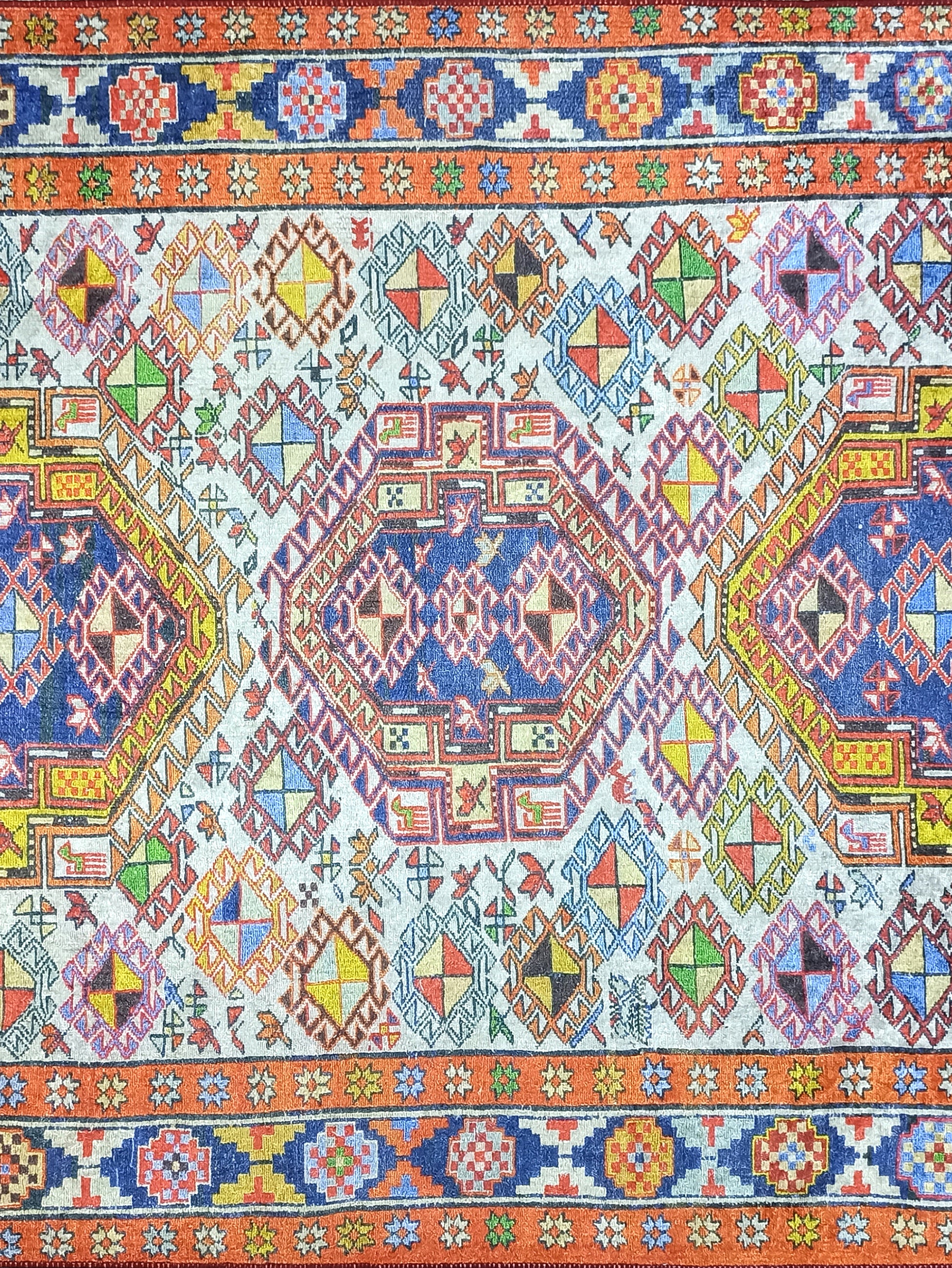 Persian Style Rug, Natural Ivory Colorful Vintage Rug