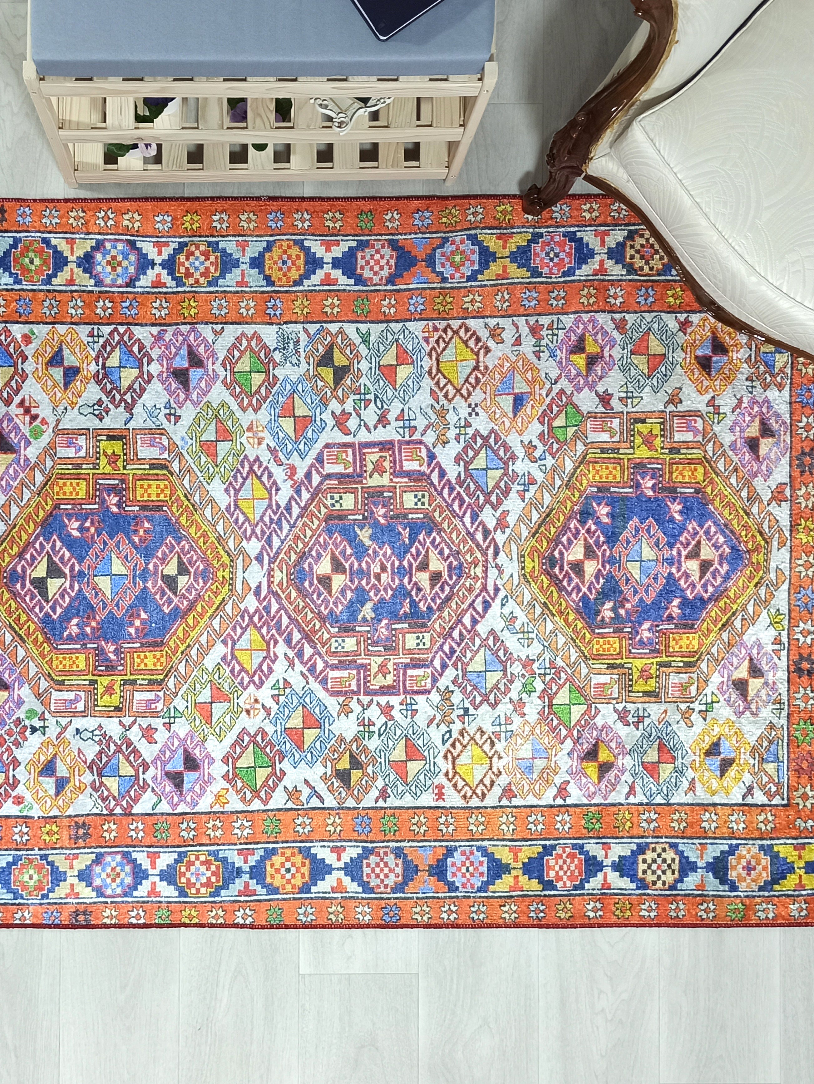 Persian Style Rug, Natural Ivory Colorful Vintage Rug