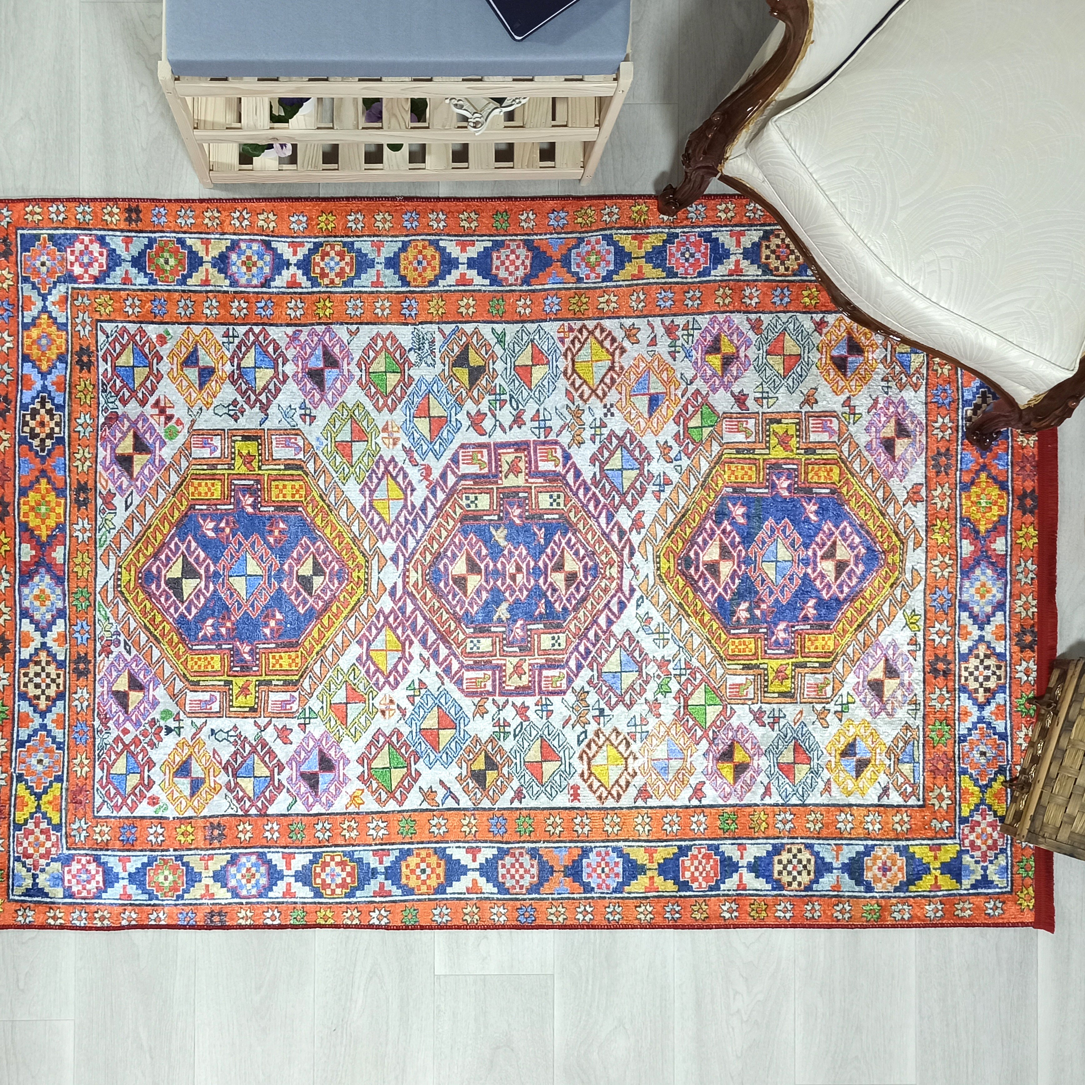 Persian Style Rug, Natural Ivory Colorful Vintage Rug