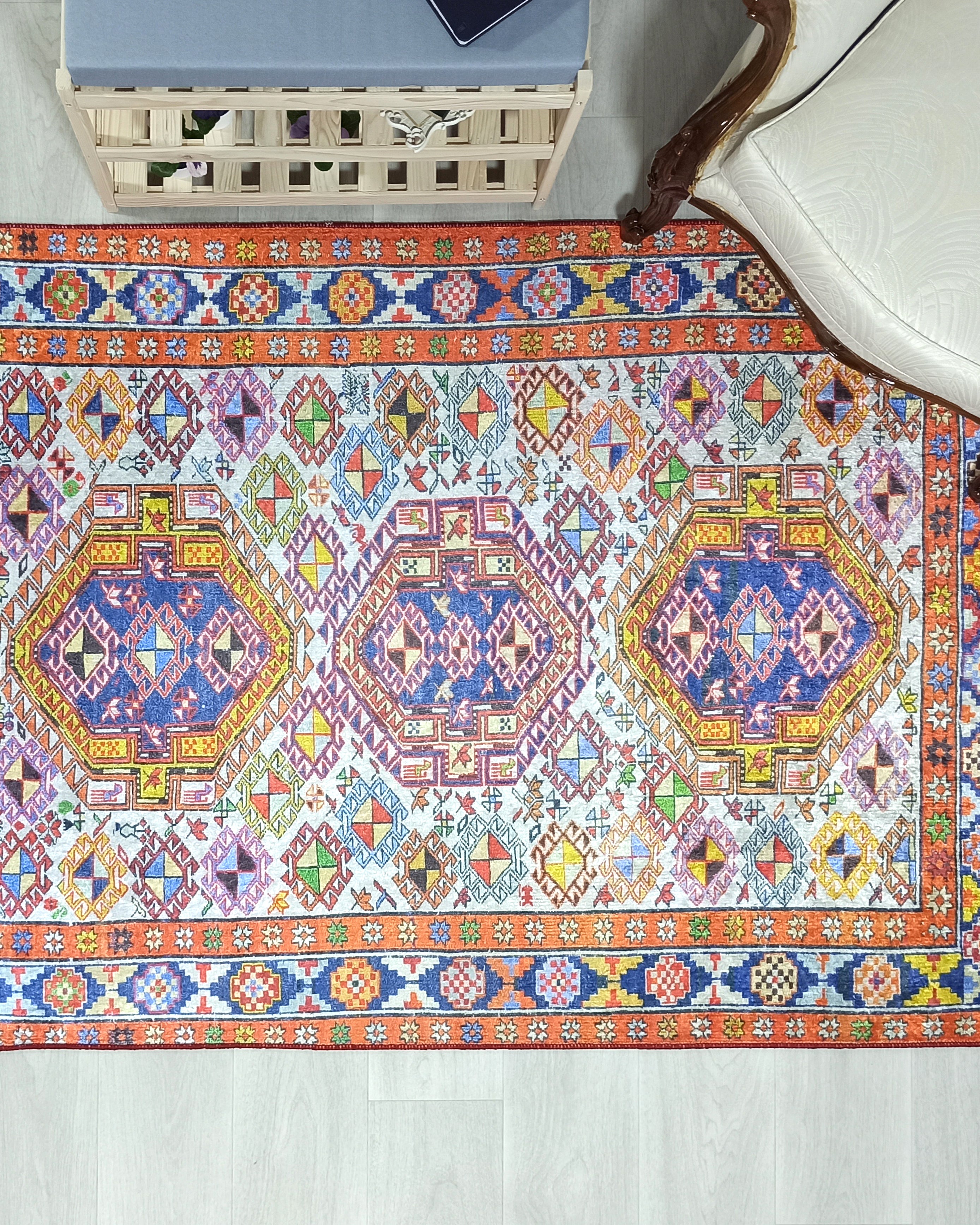 Persian Style Rug, Natural Ivory Colorful Vintage Rug