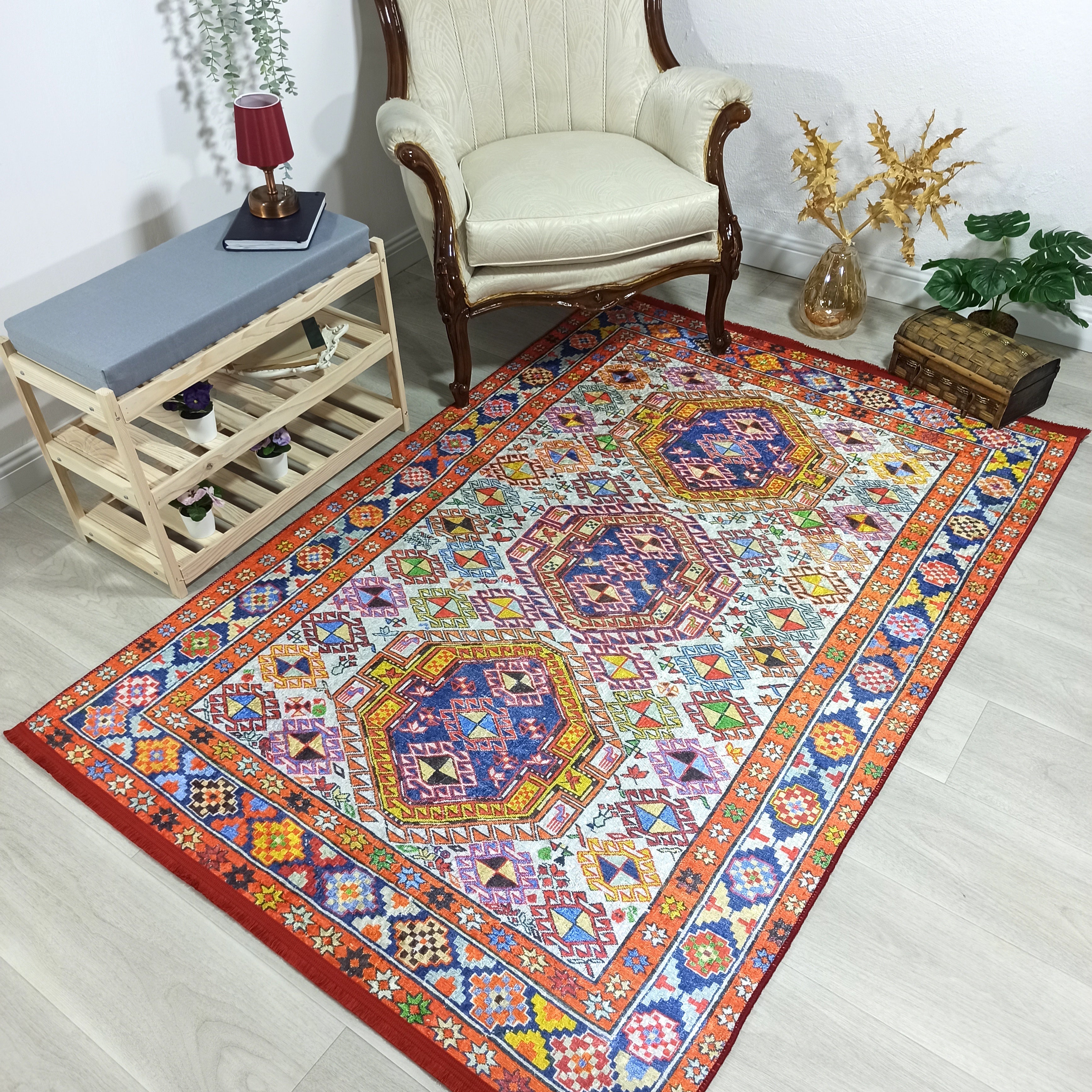 Persian Style Rug, Natural Ivory Colorful Vintage Rug