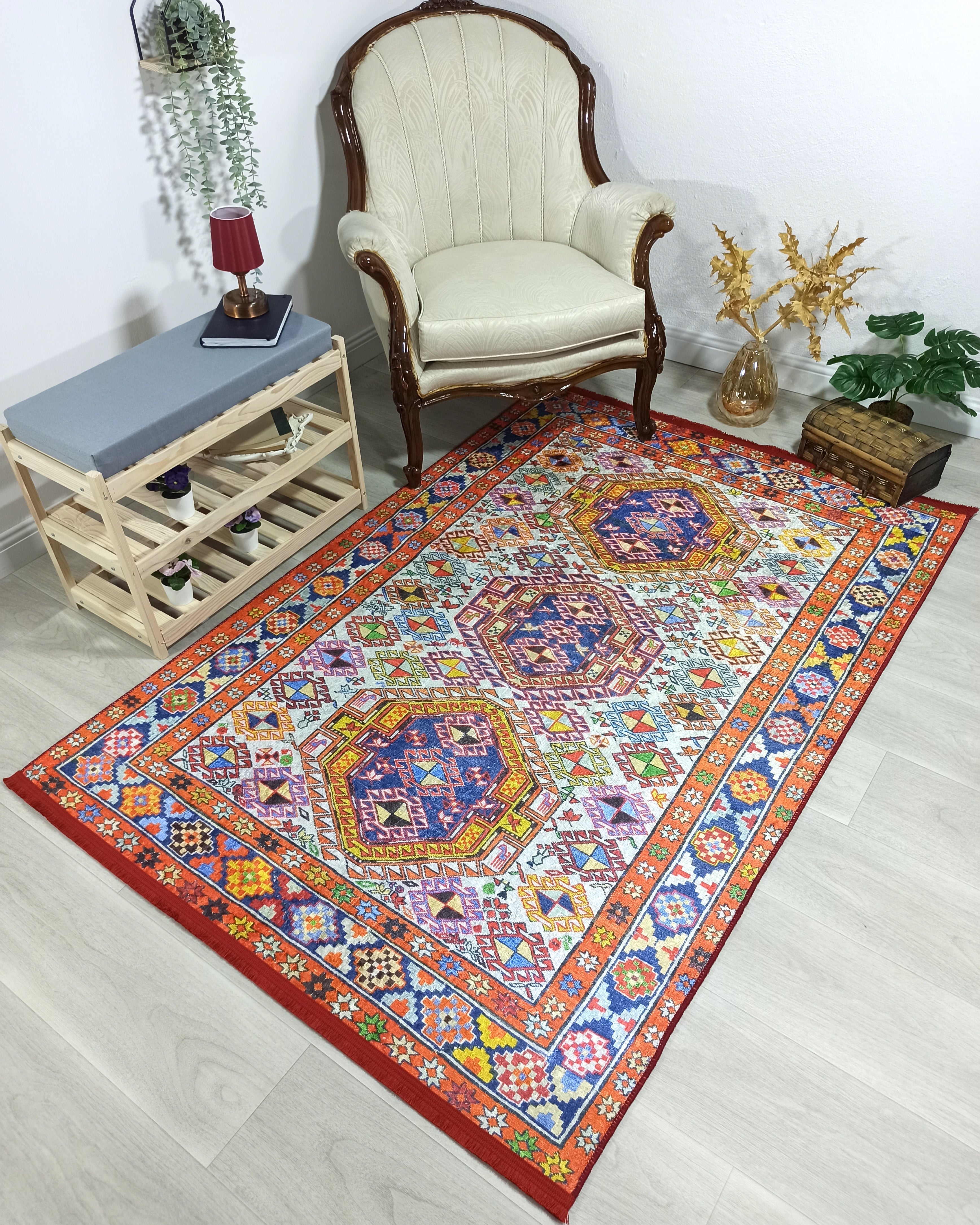 Persian Style Rug, Natural Ivory Colorful Vintage Rug