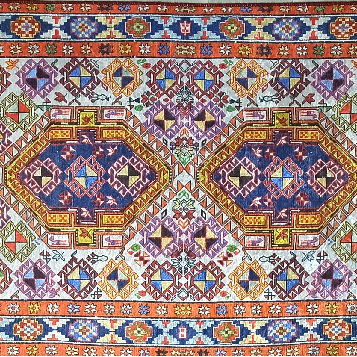 Persian Style Rug, Natural Ivory Colorful Vintage Rug