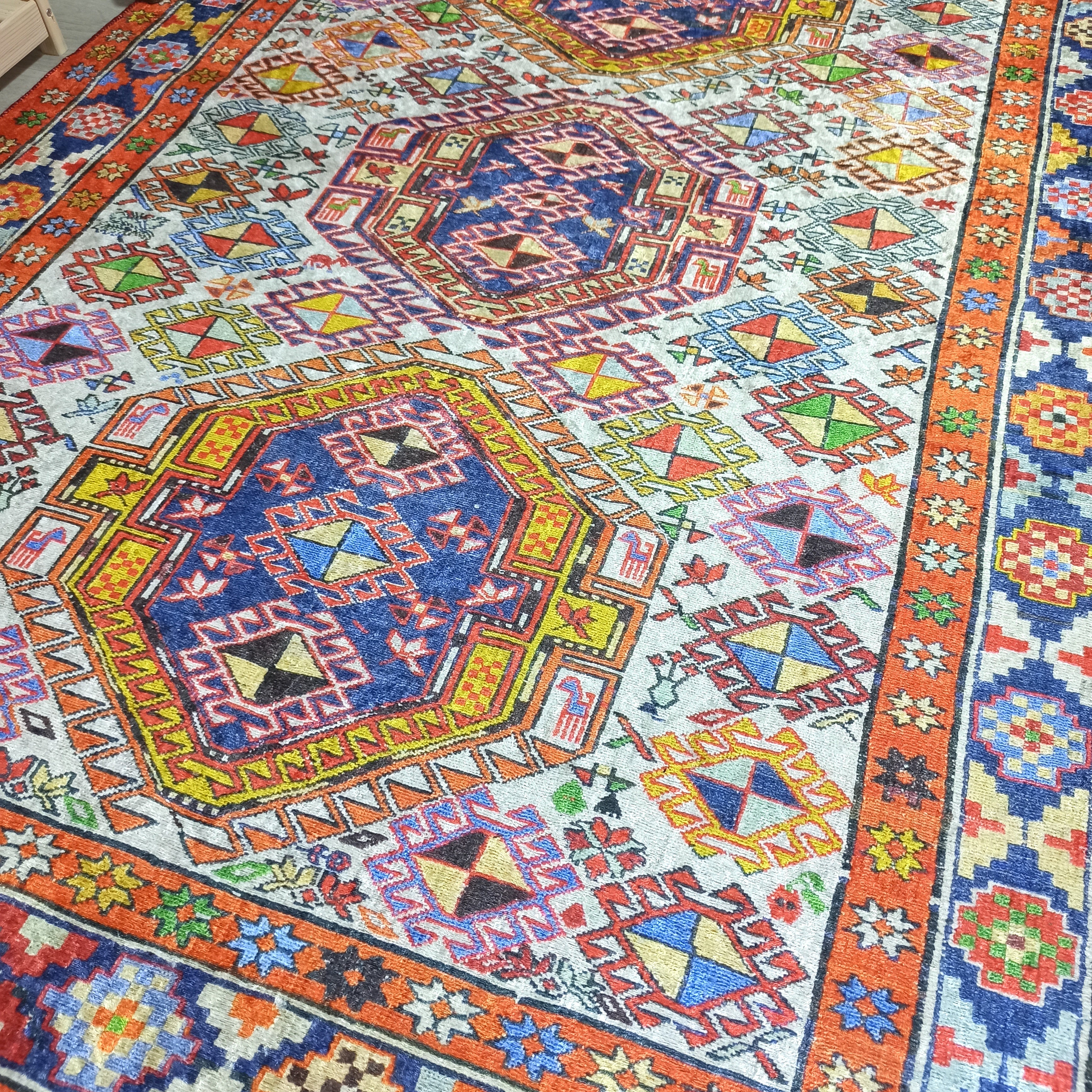 Persian Style Rug, Natural Ivory Colorful Vintage Rug
