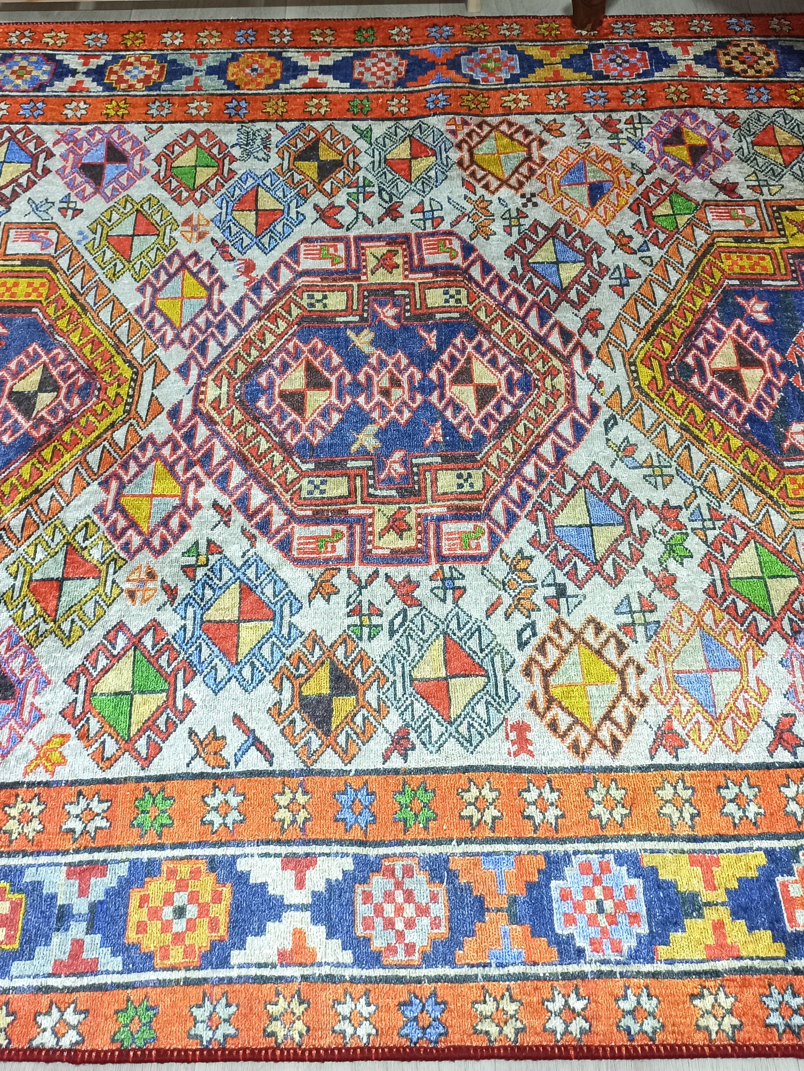 Persian Style Rug, Natural Ivory Colorful Vintage Rug