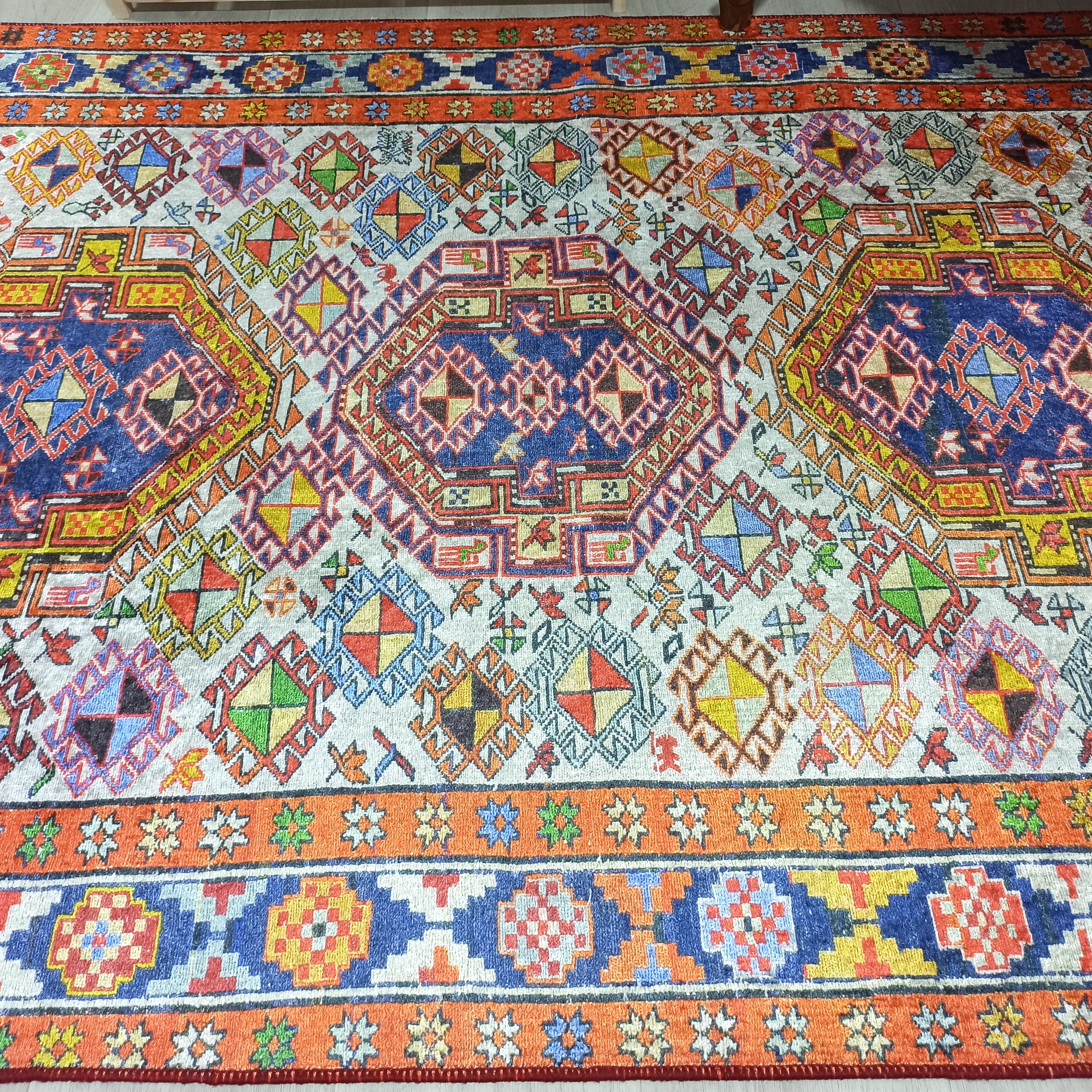 Persian Style Rug, Natural Ivory Colorful Vintage Rug