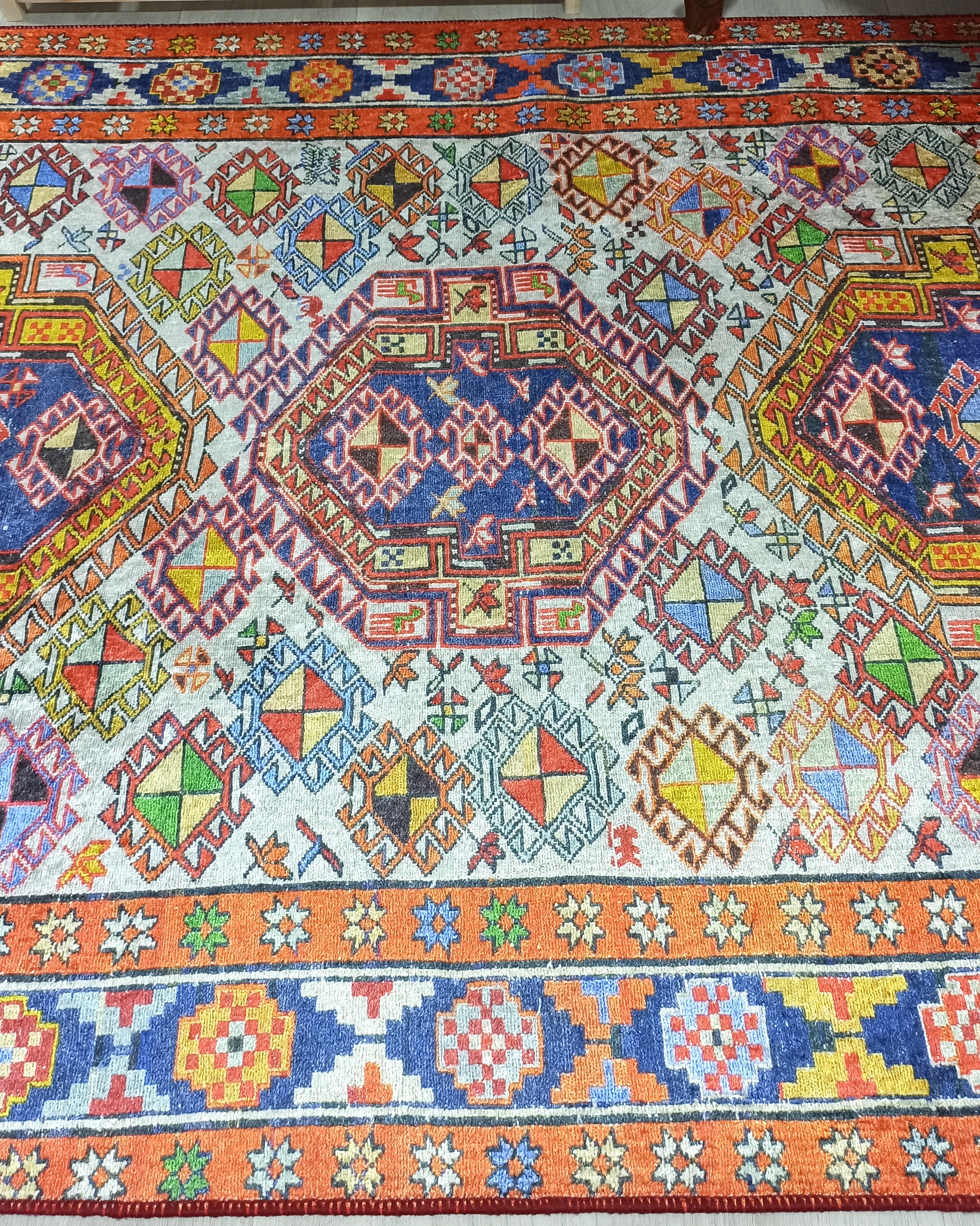 Persian Style Rug, Natural Ivory Colorful Vintage Rug