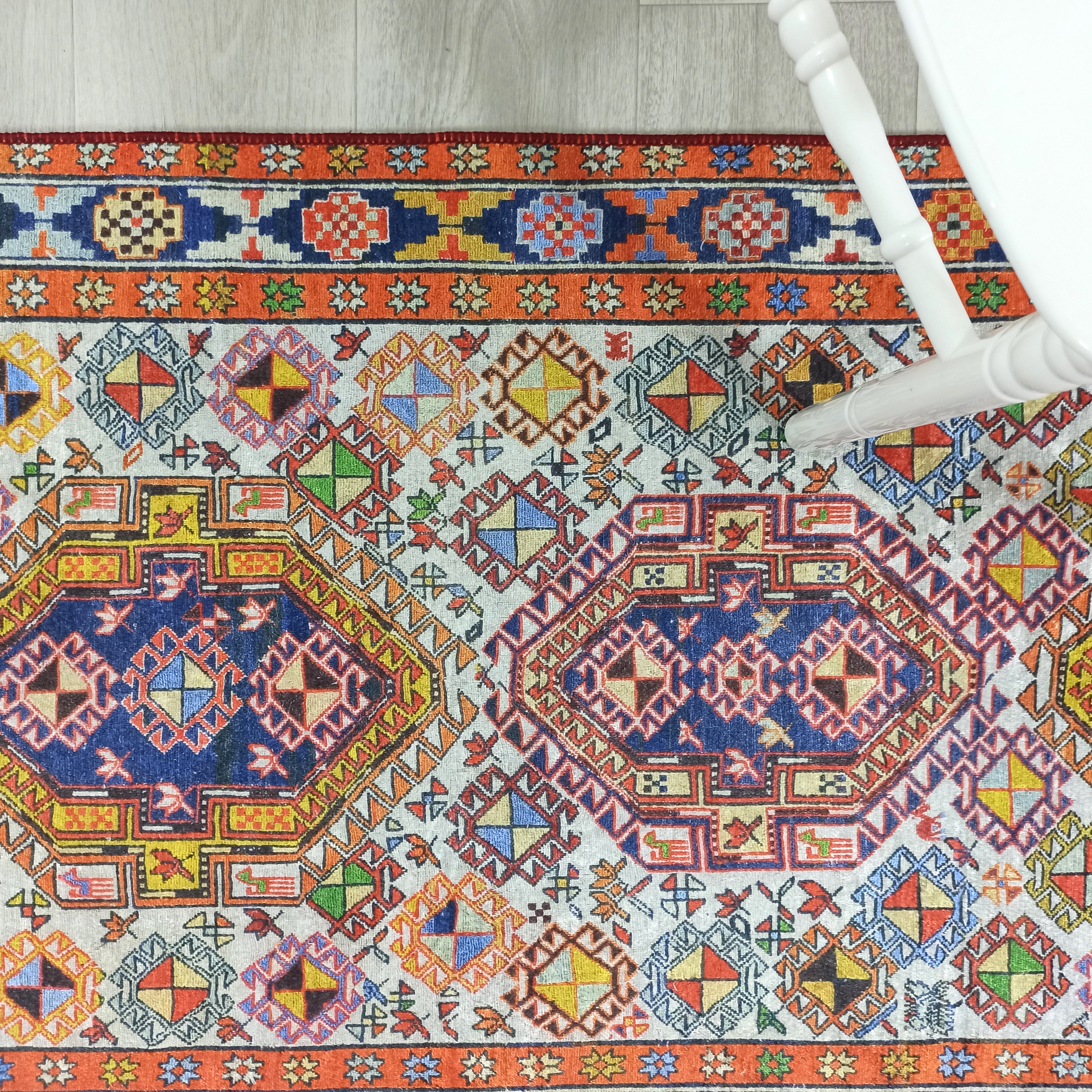 Persian Style Rug, Natural Ivory Colorful Vintage Rug