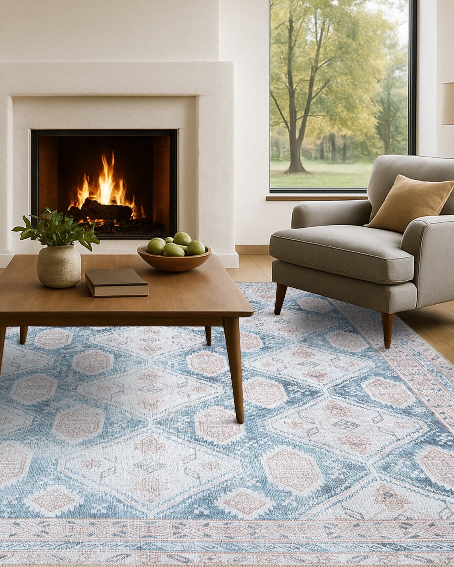 Samara Cream Blue Distressed Turkish Rug