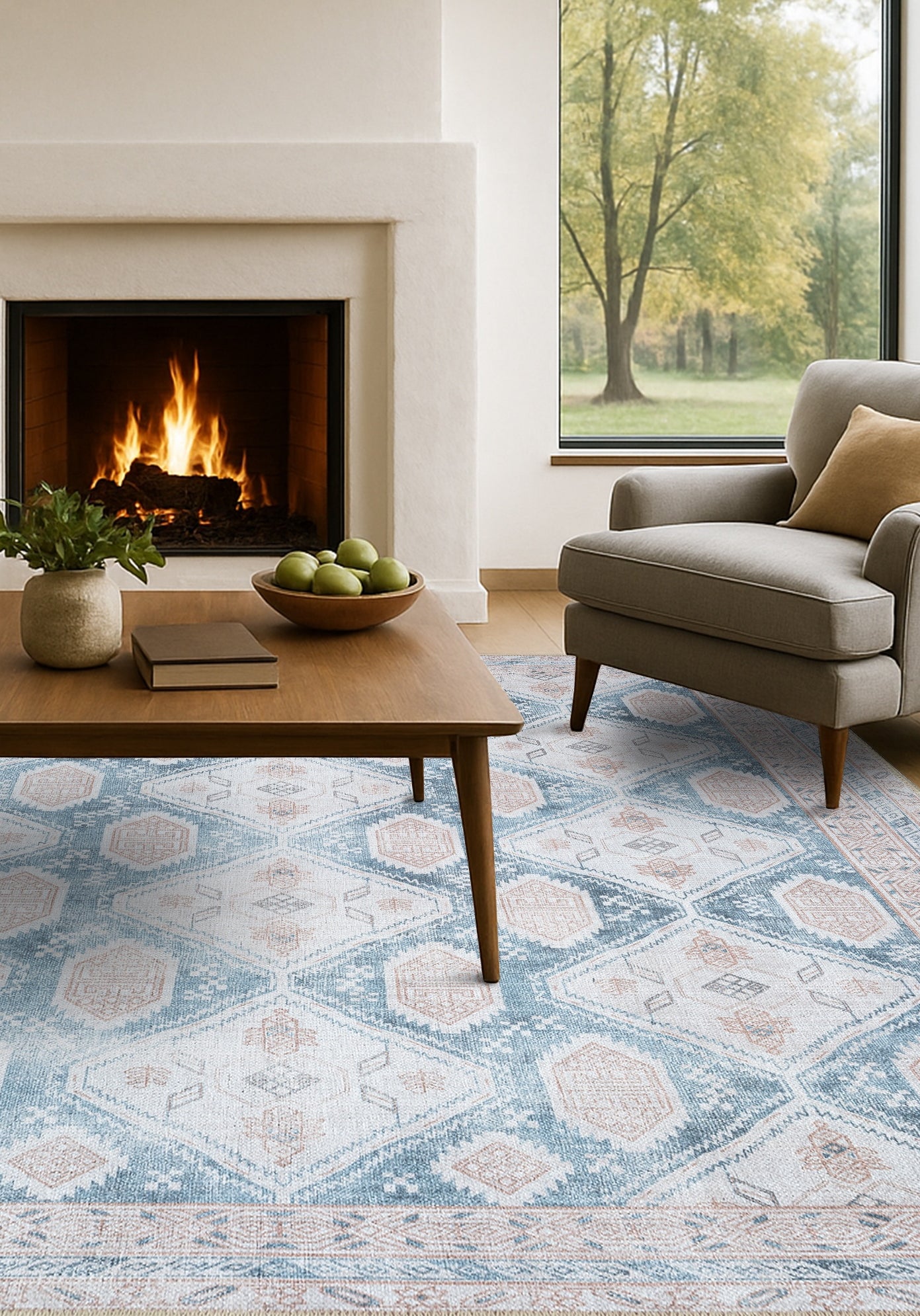 Samara Cream Blue Distressed Turkish Rug