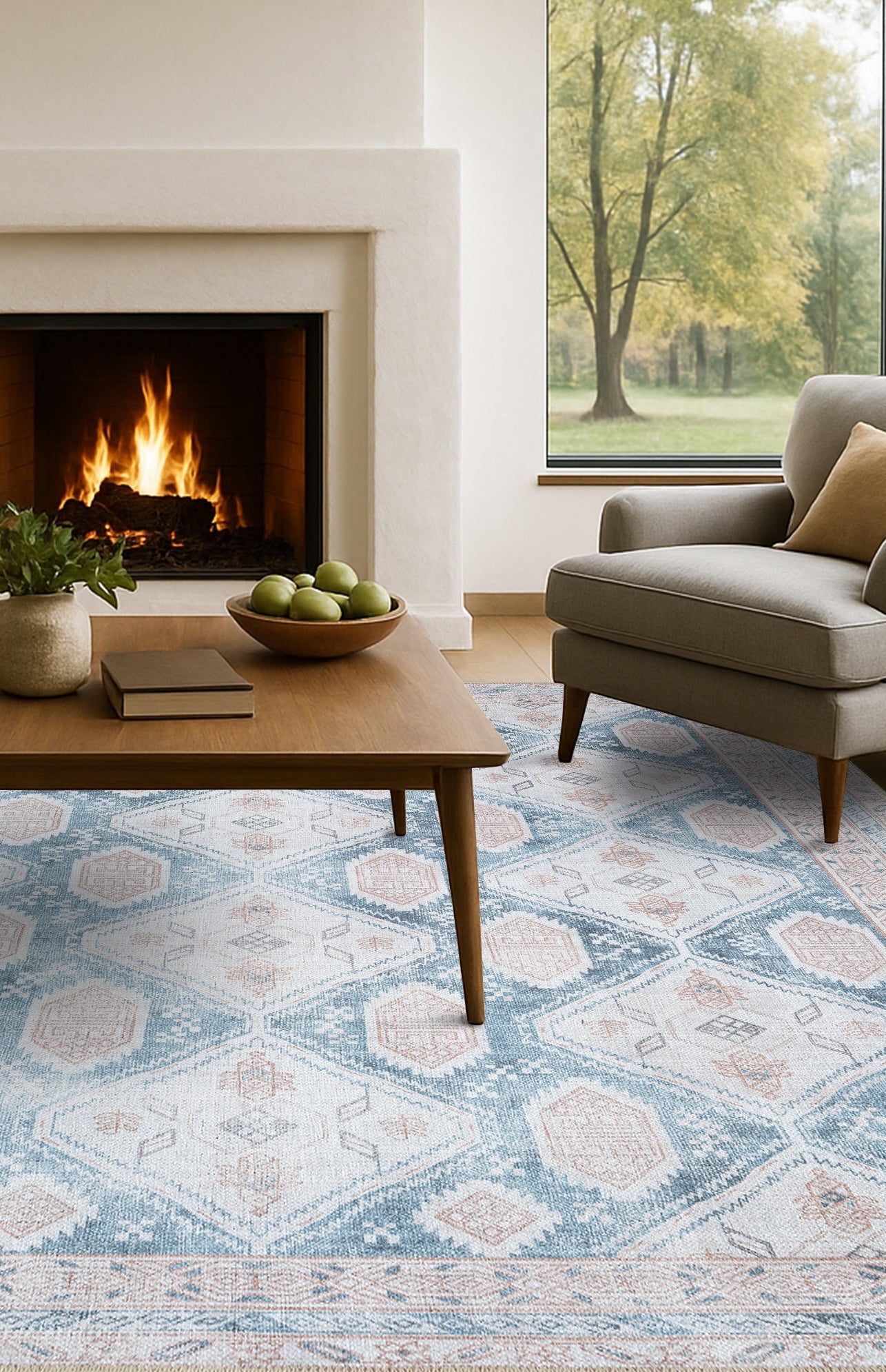 Samara Cream Blue Distressed Turkish Rug
