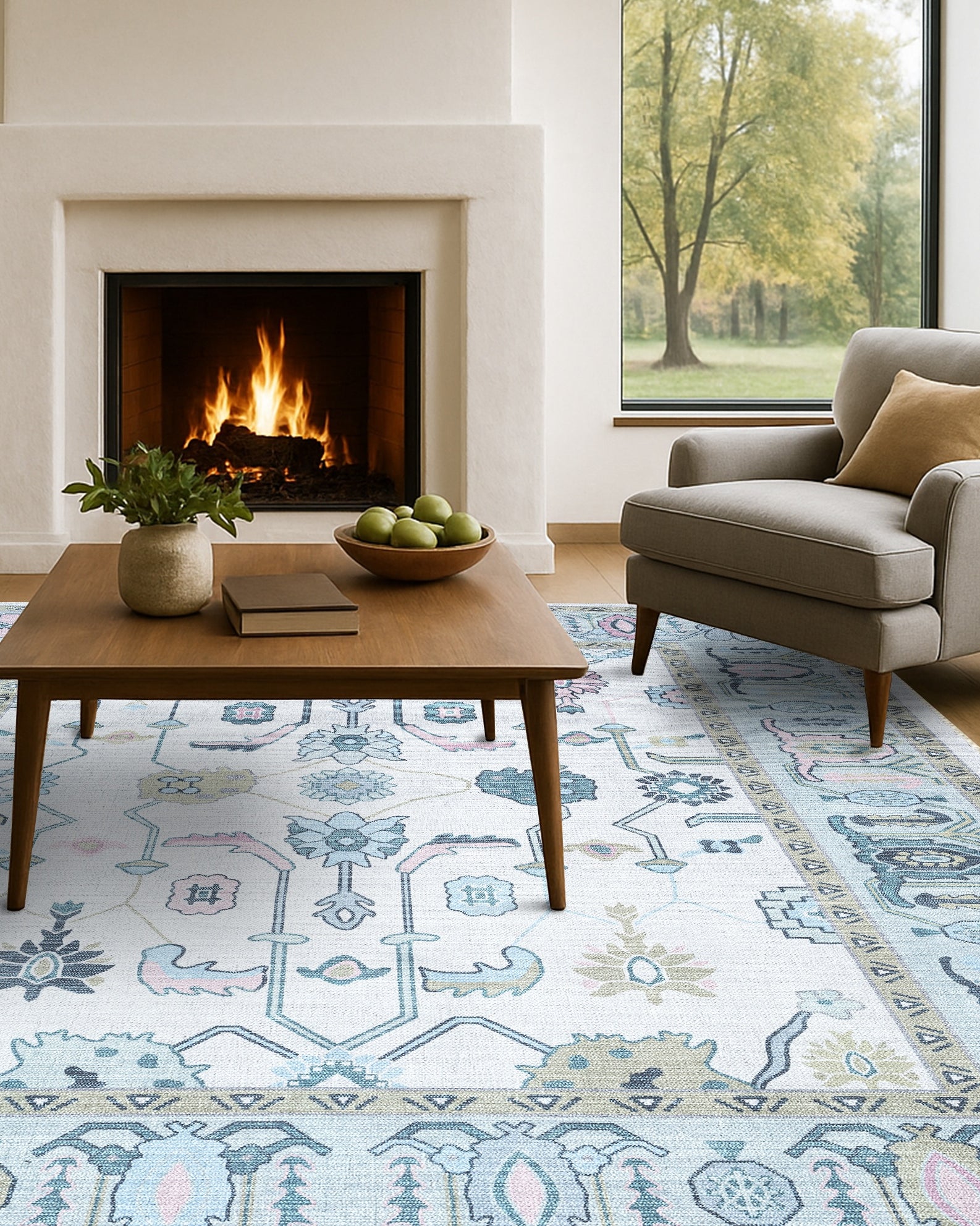 Wafiya Cream Green Modern Oushak Rug