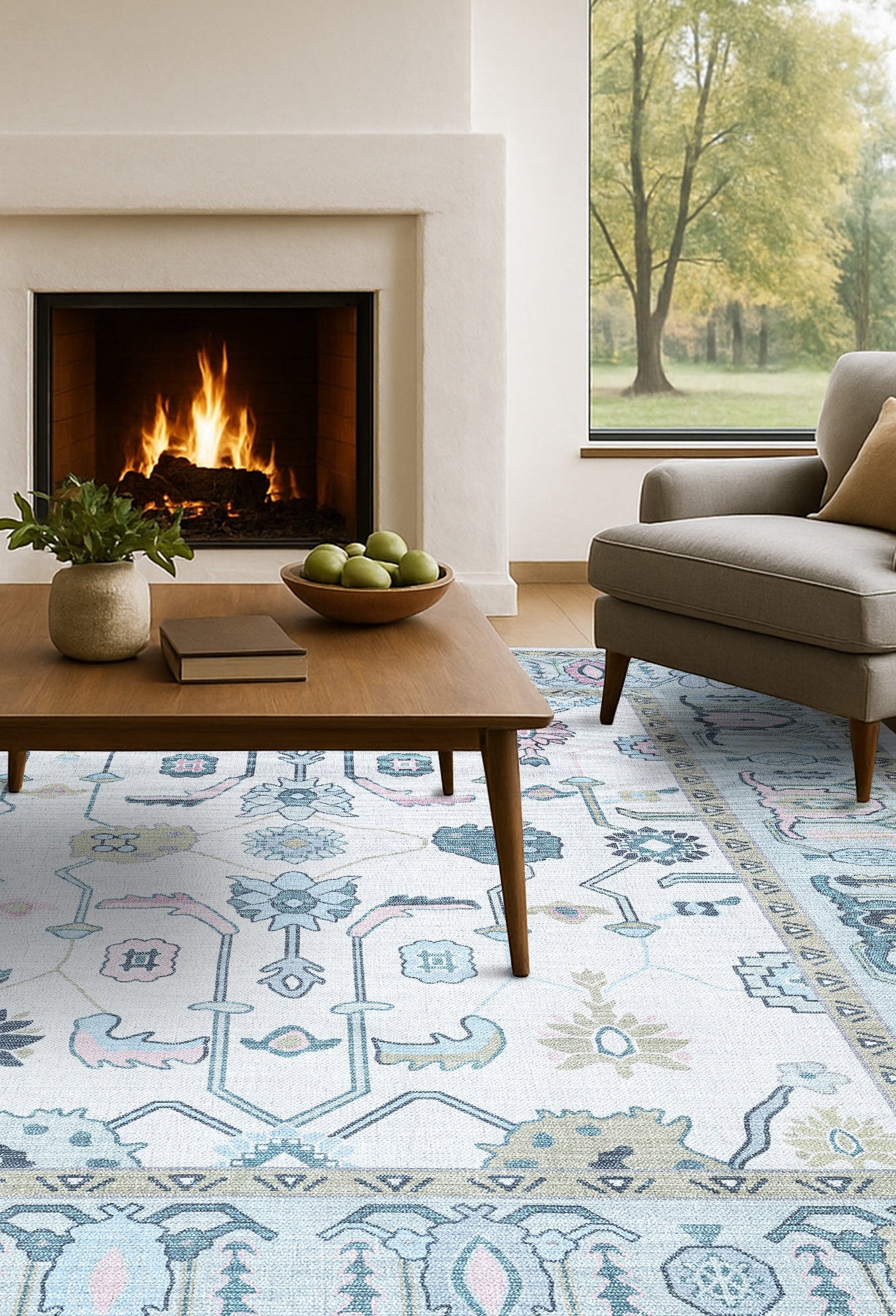 Wafiya Cream Green Modern Oushak Rug