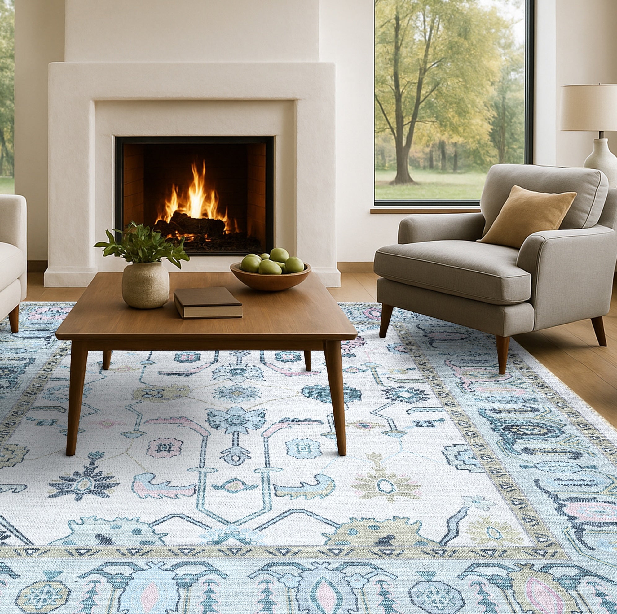 Wafiya Cream Green Modern Oushak Rug