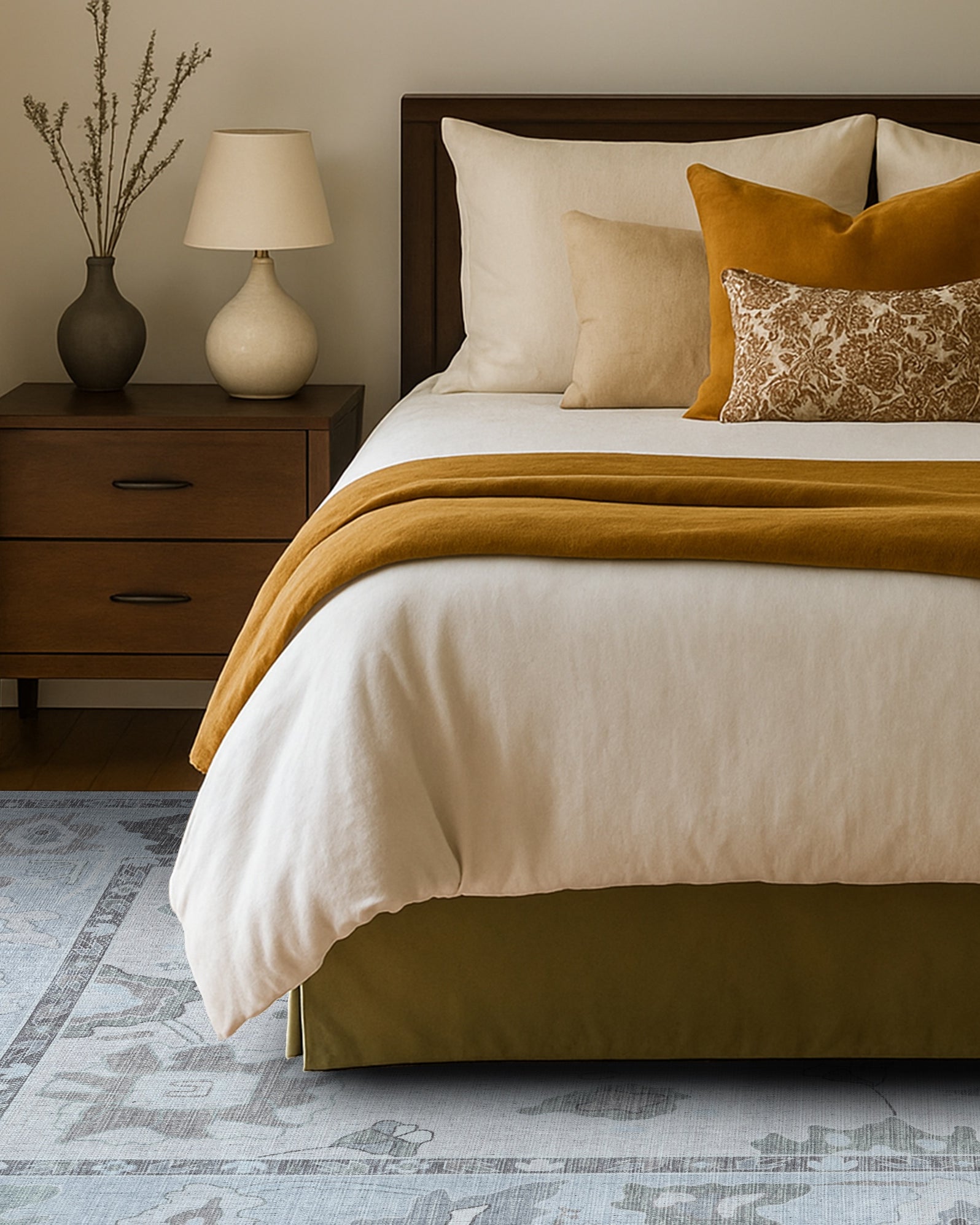 Vira Pastel Cream Beige Floral Modern Oushak Rug