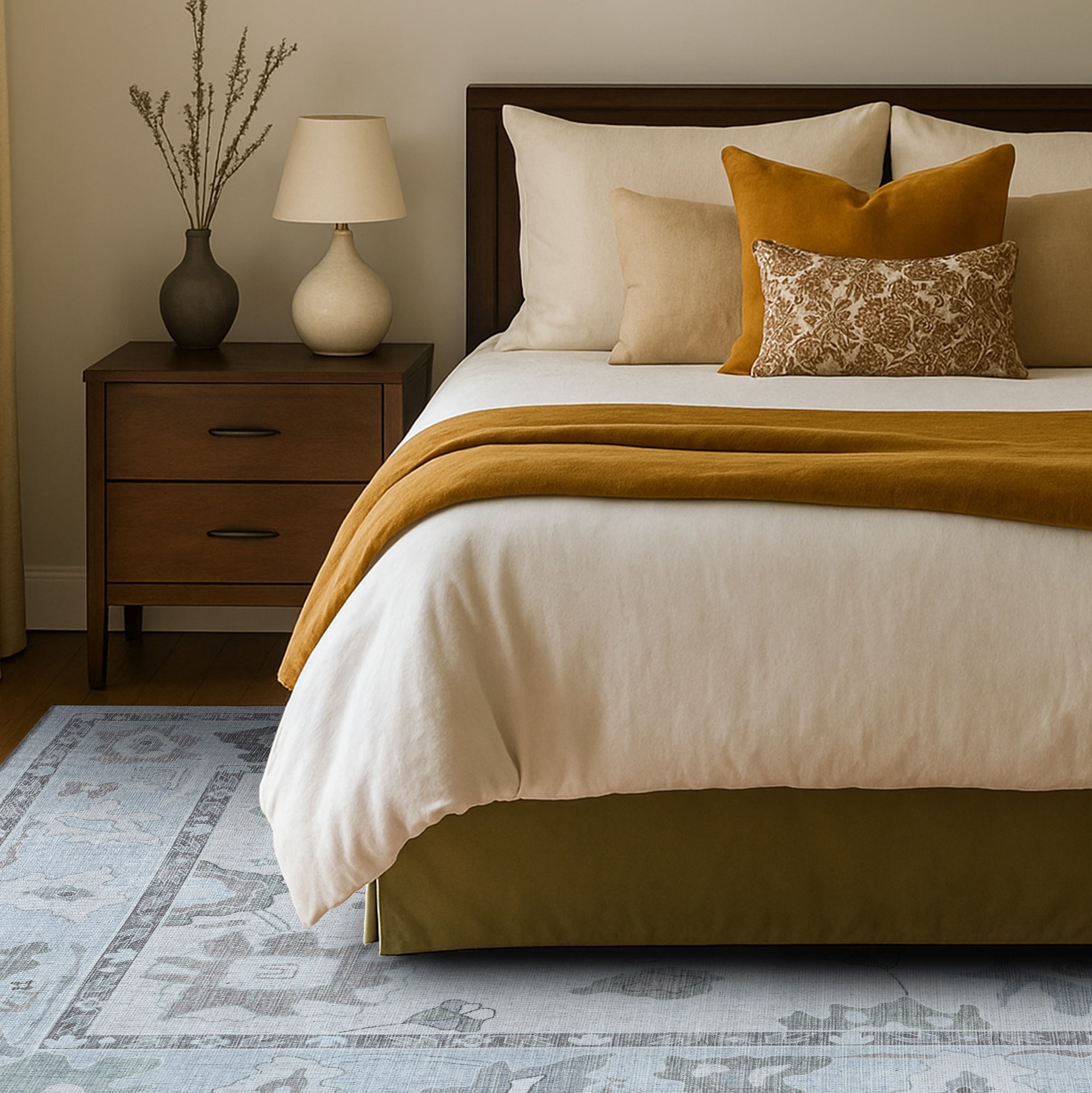 Vira Pastel Cream Beige Floral Modern Oushak Rug