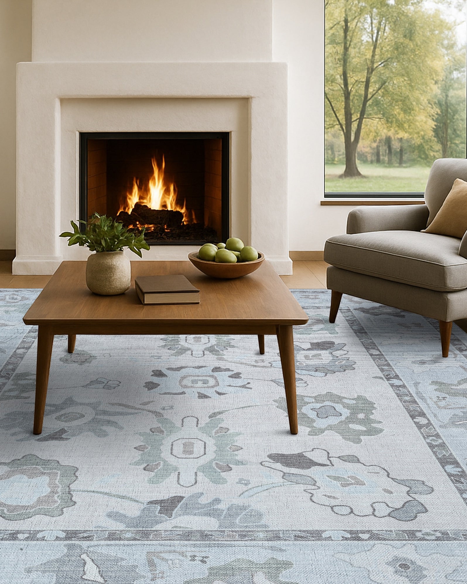 Vira Pastel Cream Beige Floral Modern Oushak Rug