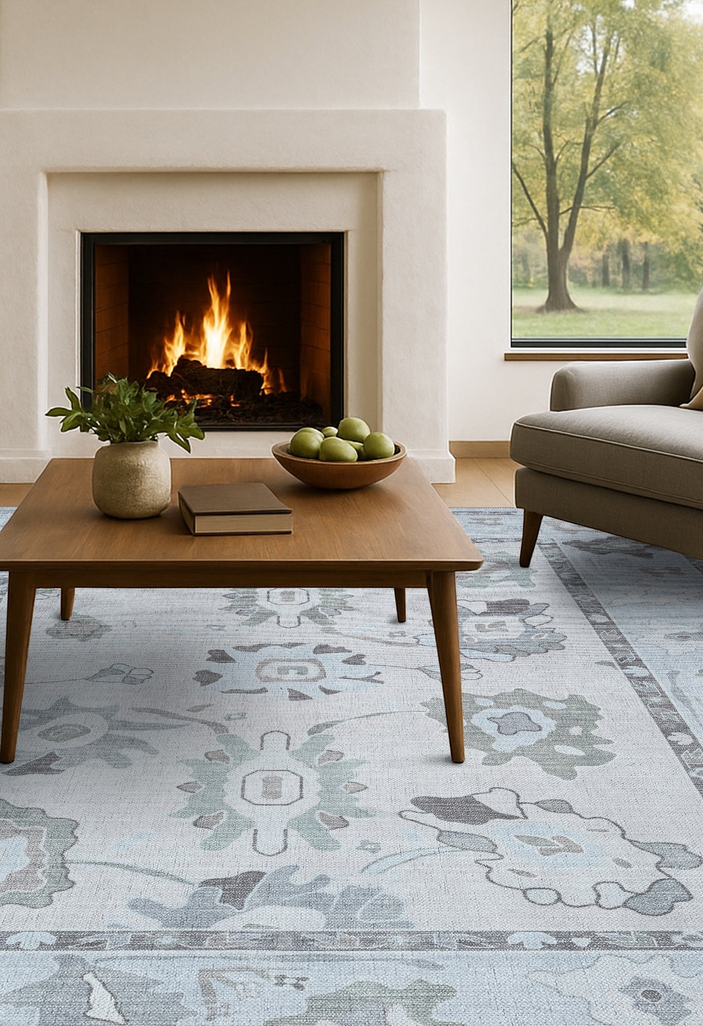 Vira Pastel Cream Beige Floral Modern Oushak Rug