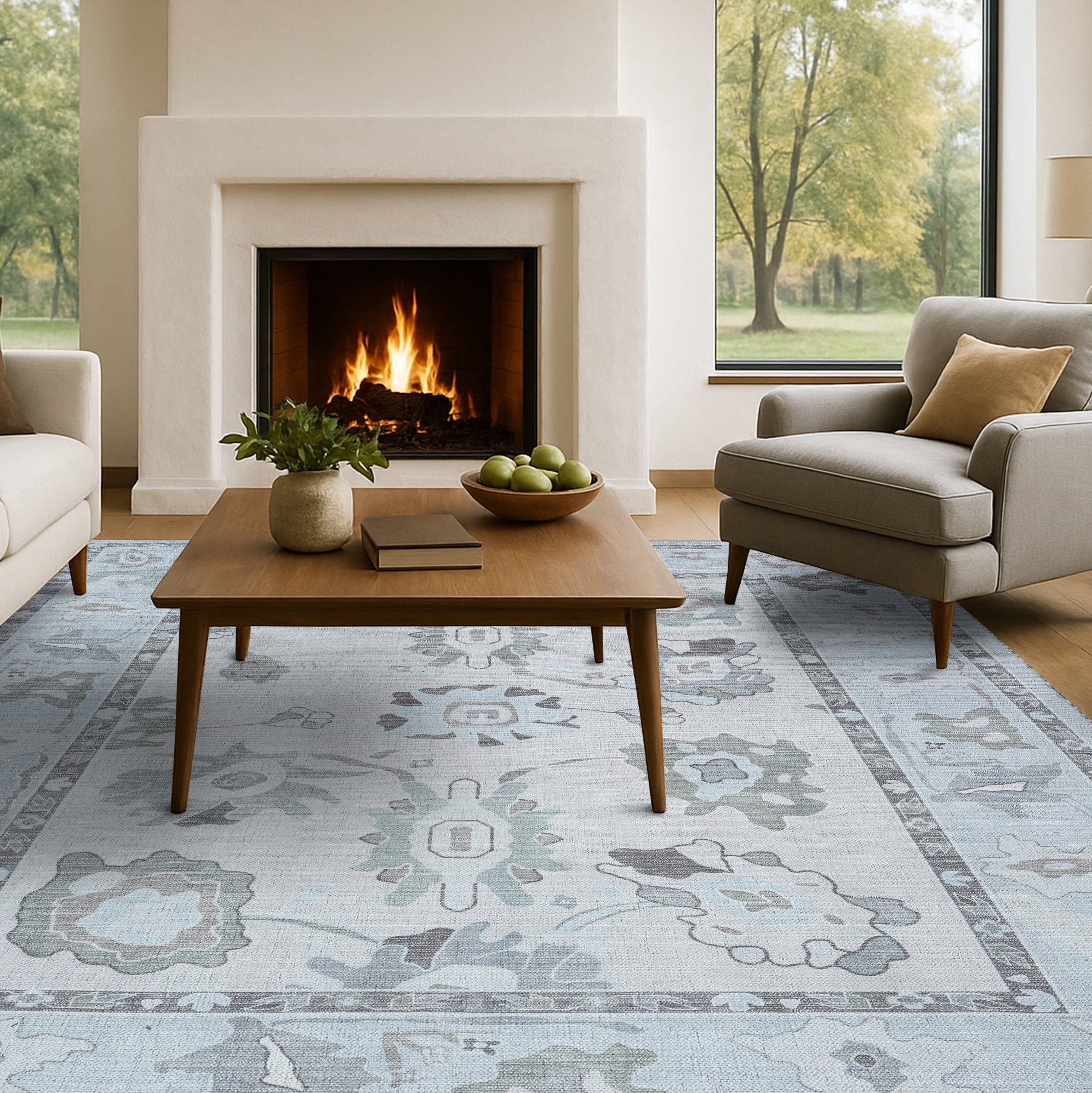 Vira Pastel Cream Beige Floral Modern Oushak Rug