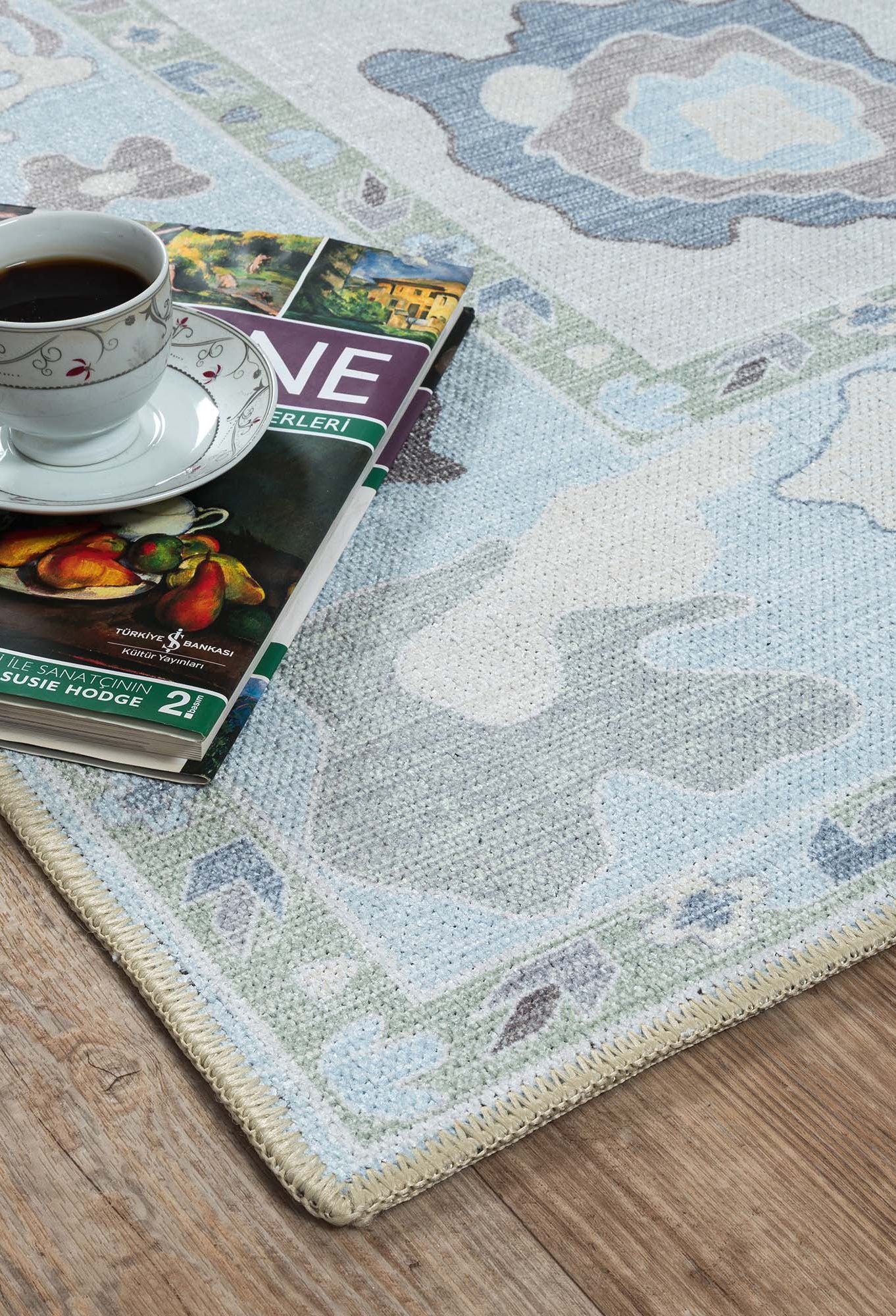 Pamira Cream Blue Floral Modern Oushak Rug