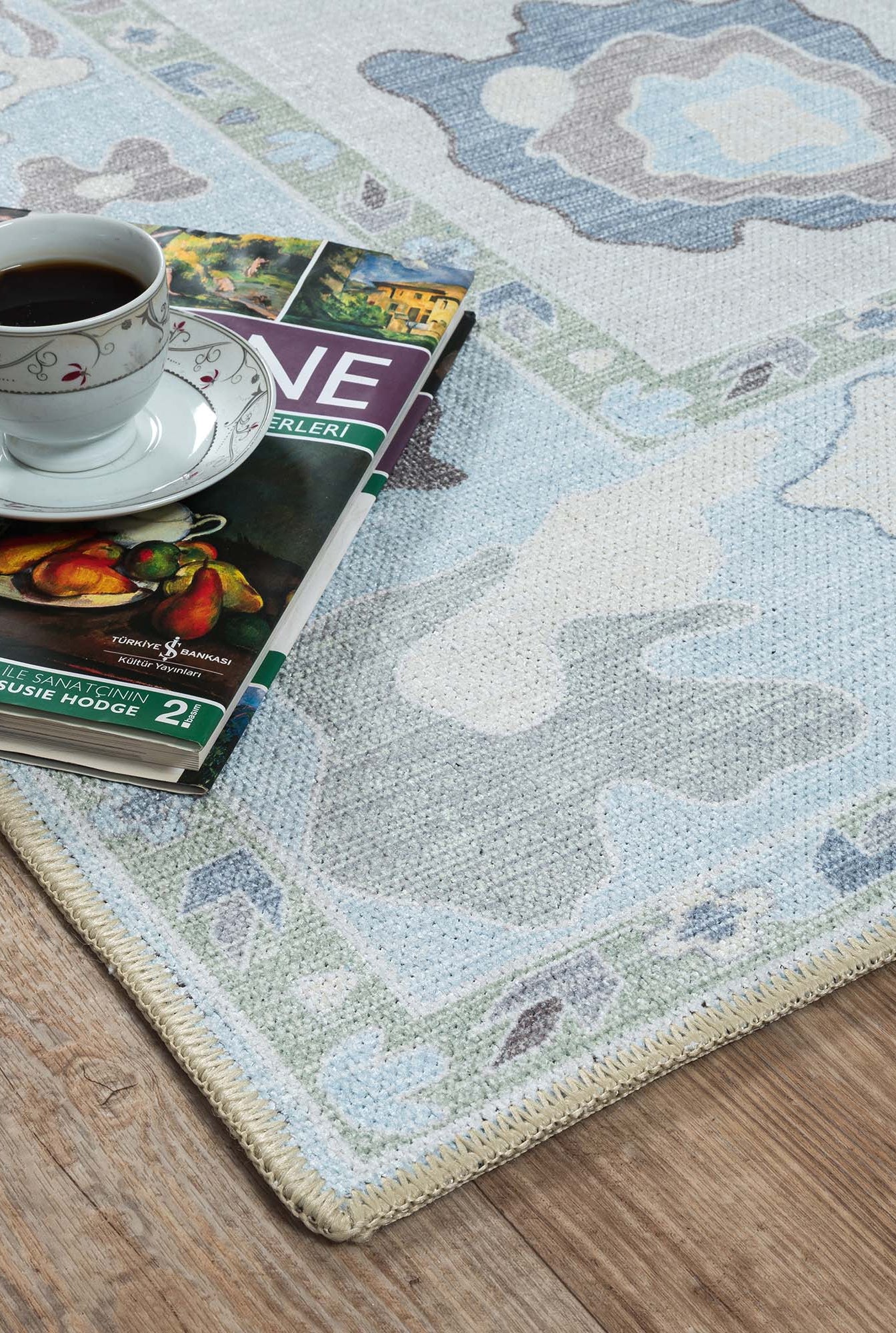 Pamira Cream Blue Floral Modern Oushak Rug