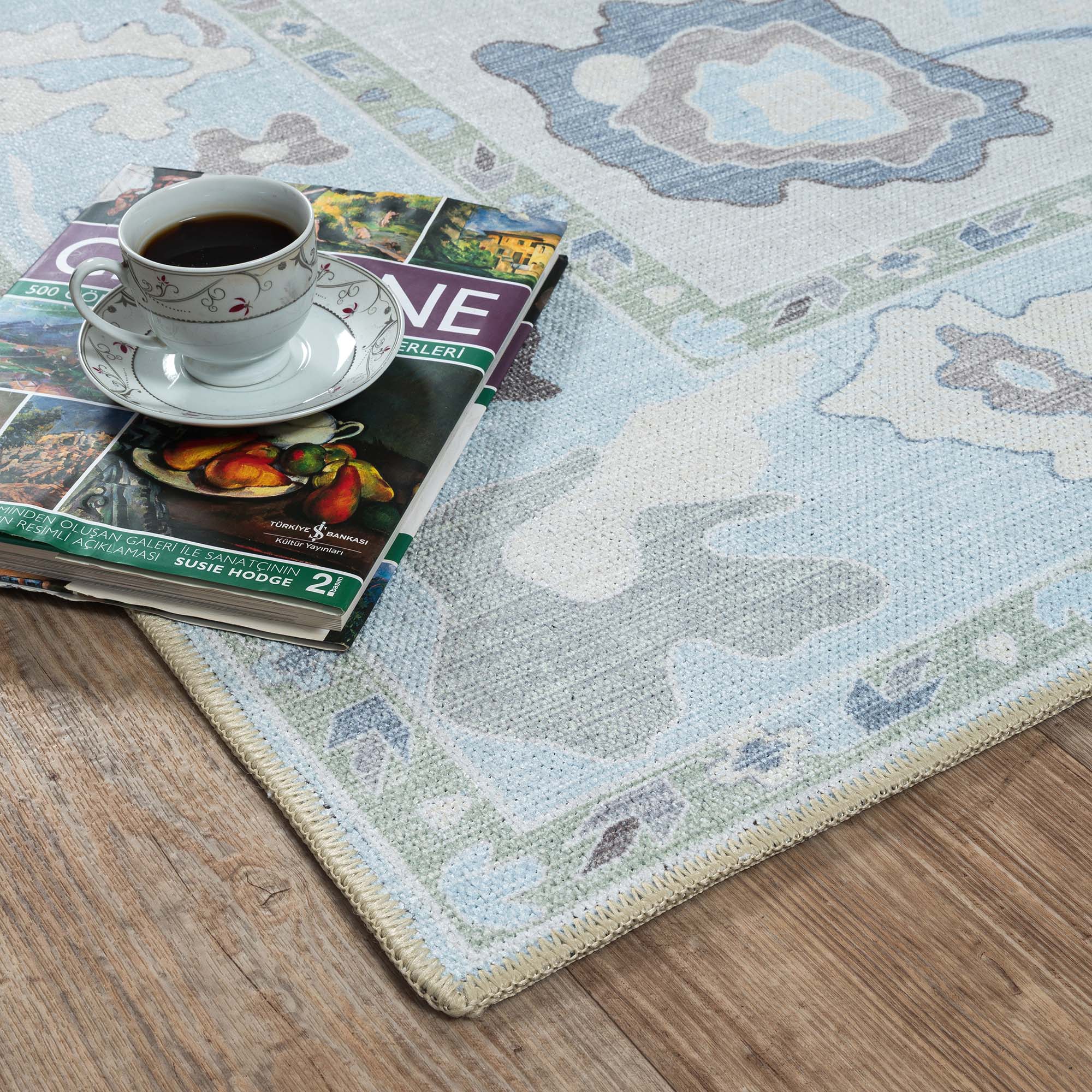 Pamira Cream Blue Floral Modern Oushak Rug