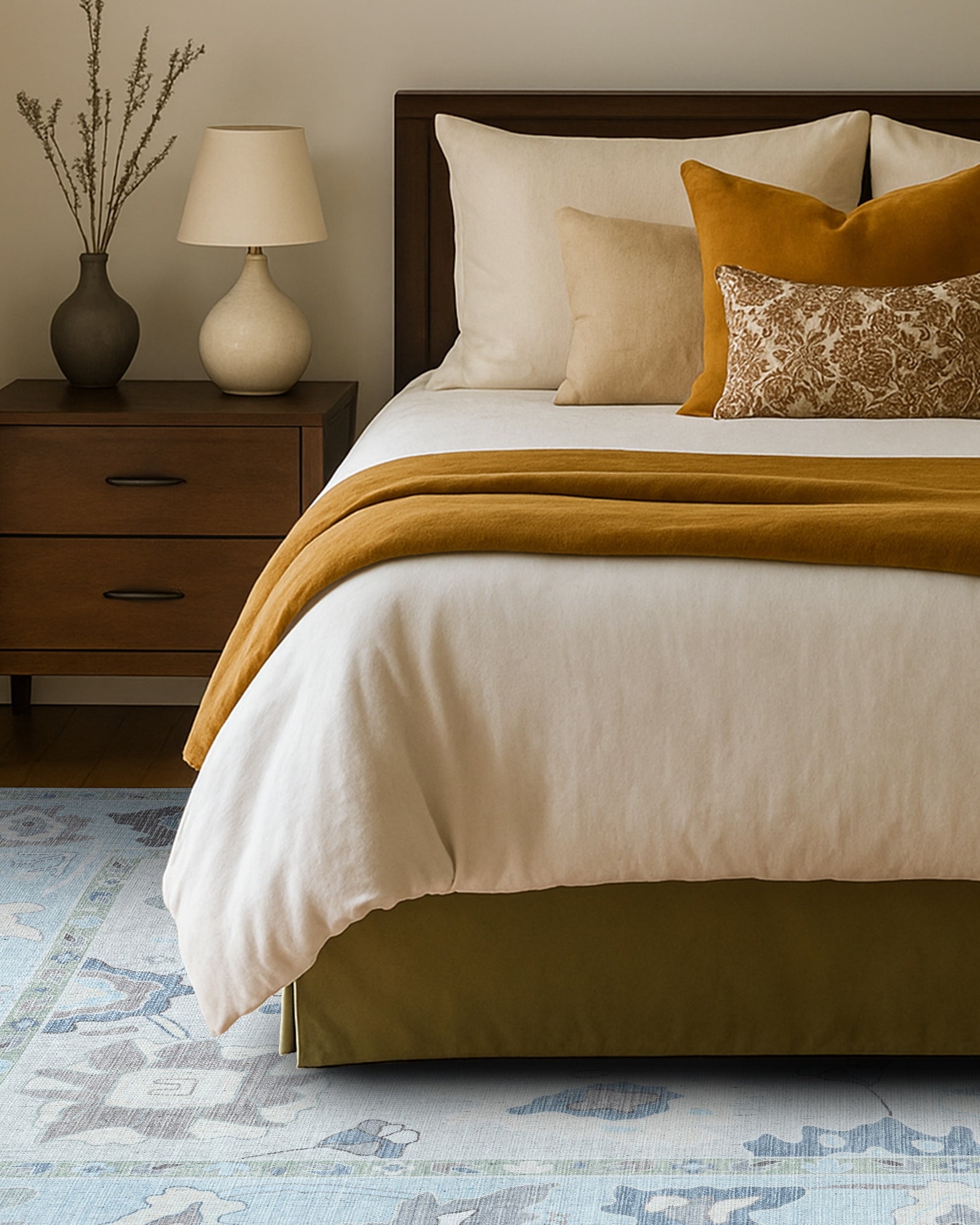 Pamira Cream Blue Floral Modern Oushak Rug