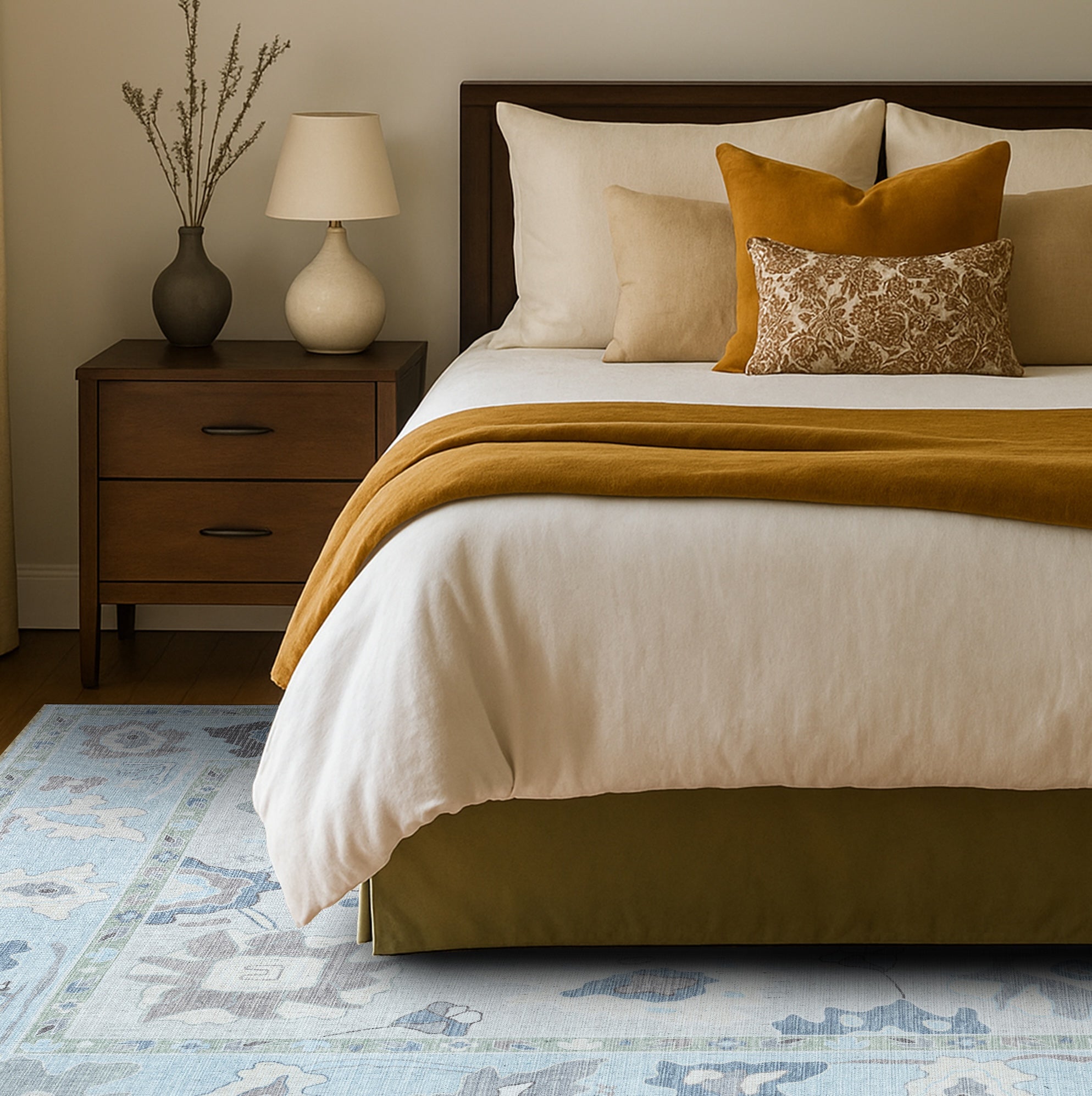 Pamira Cream Blue Floral Modern Oushak Rug