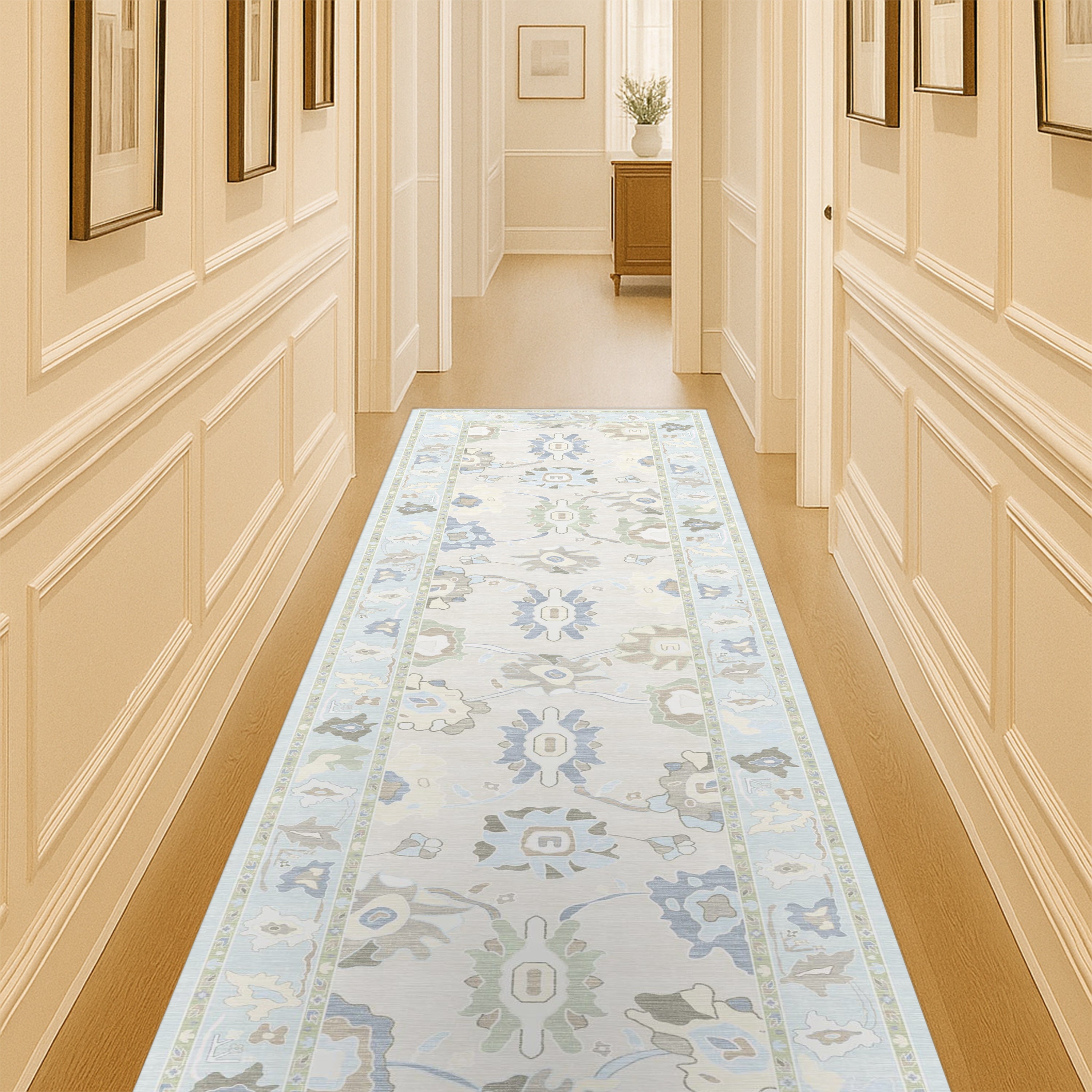 Pamira Cream Blue Floral Modern Oushak Rug