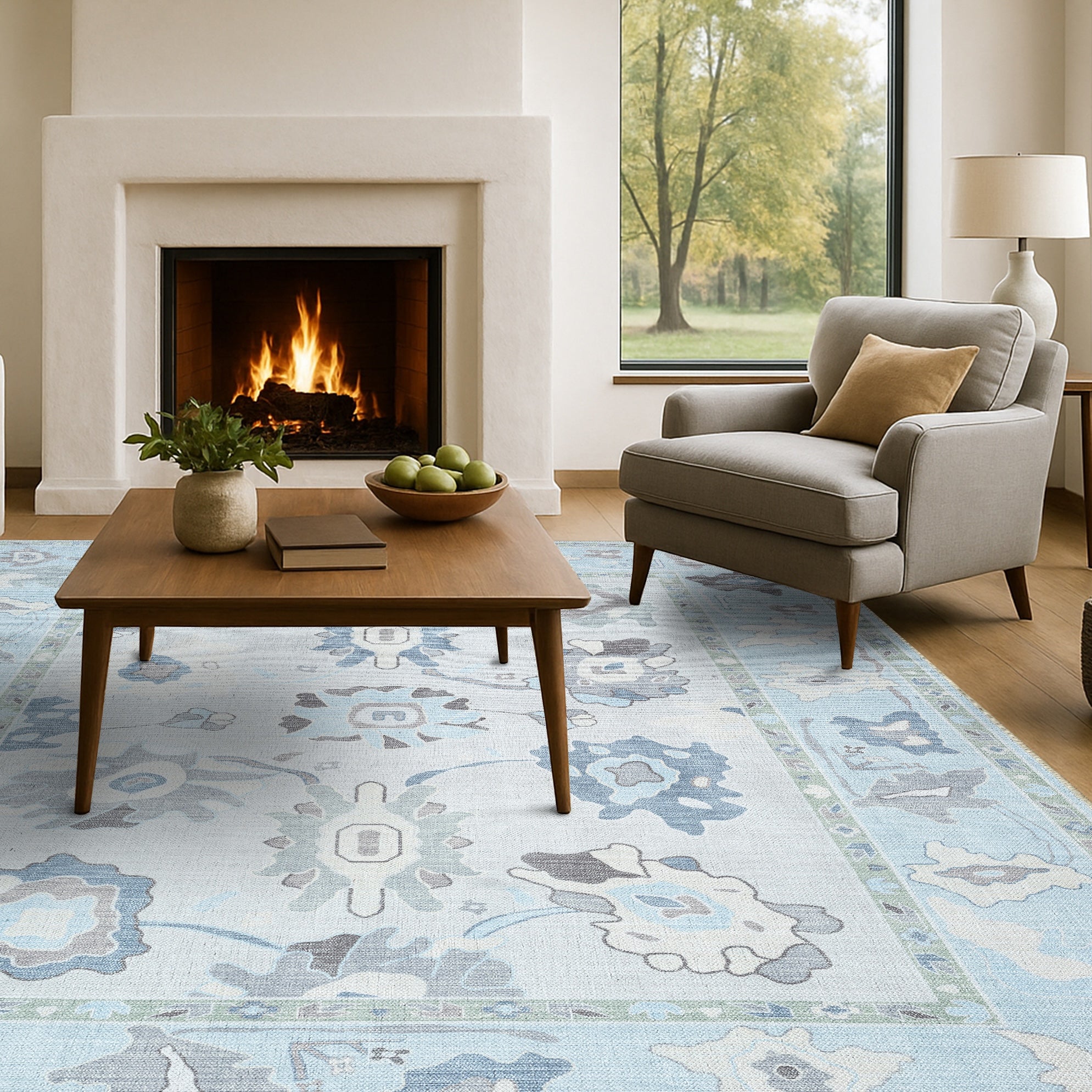 Pamira Cream Blue Floral Modern Oushak Rug