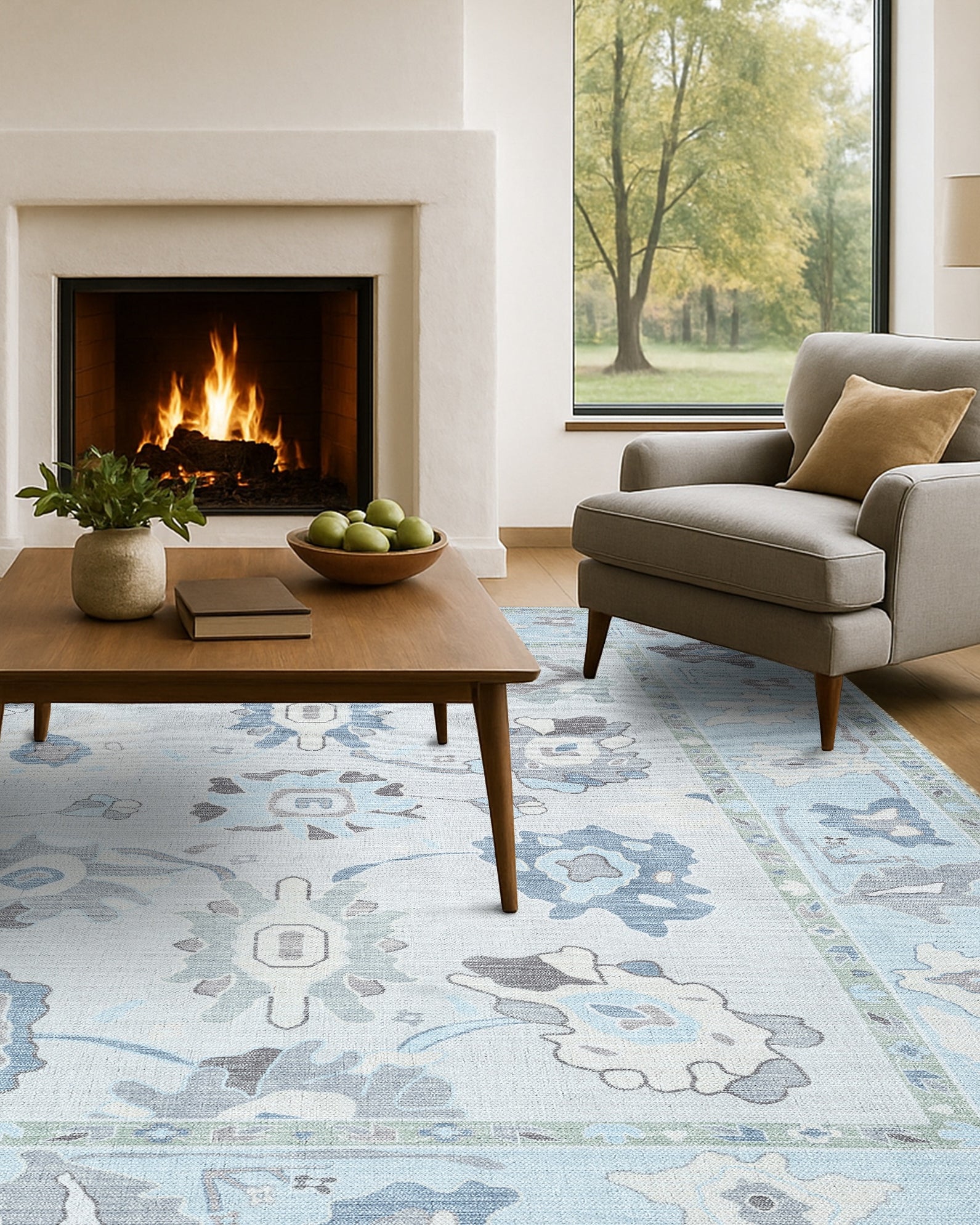 Pamira Cream Blue Floral Modern Oushak Rug