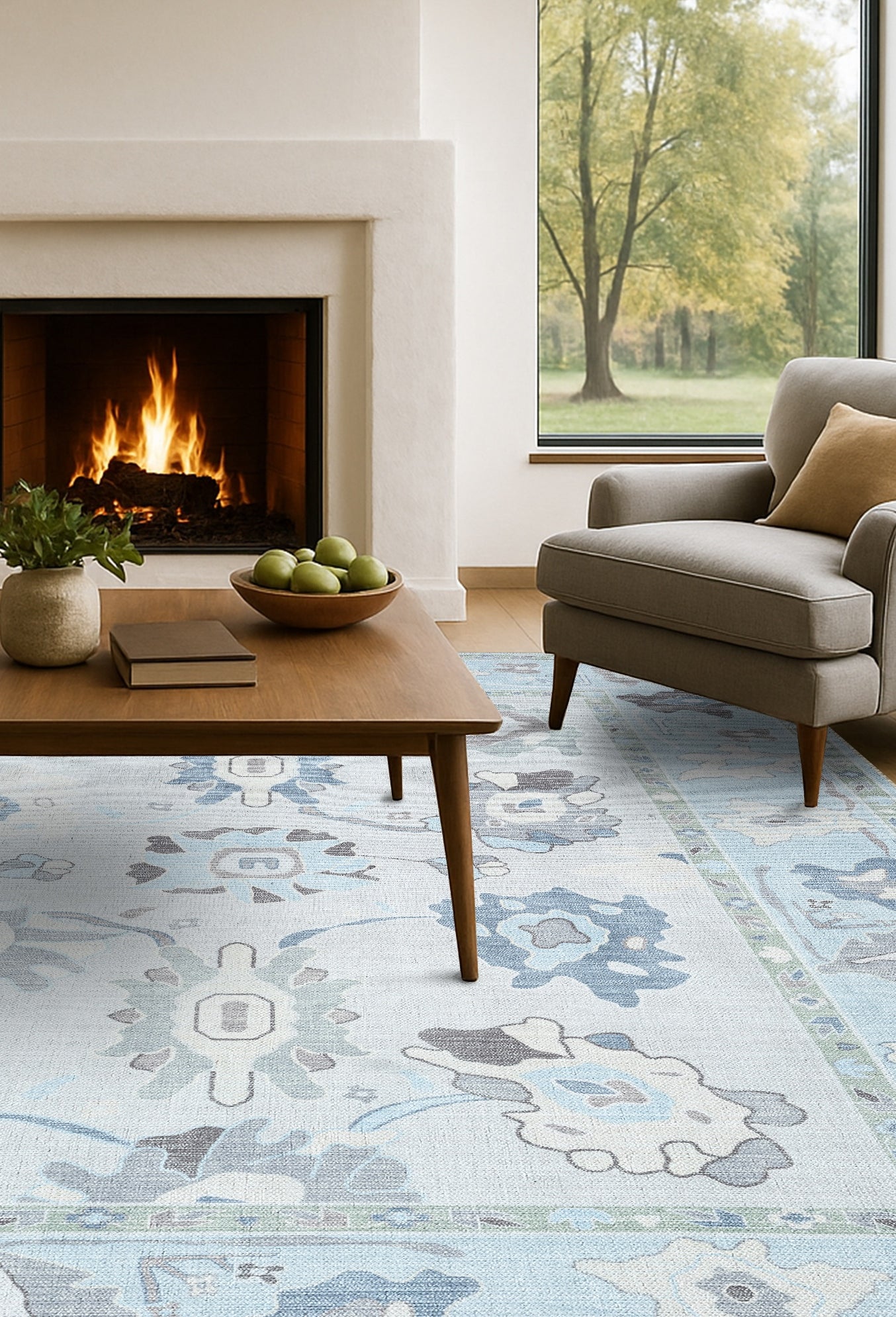 Pamira Cream Blue Floral Modern Oushak Rug
