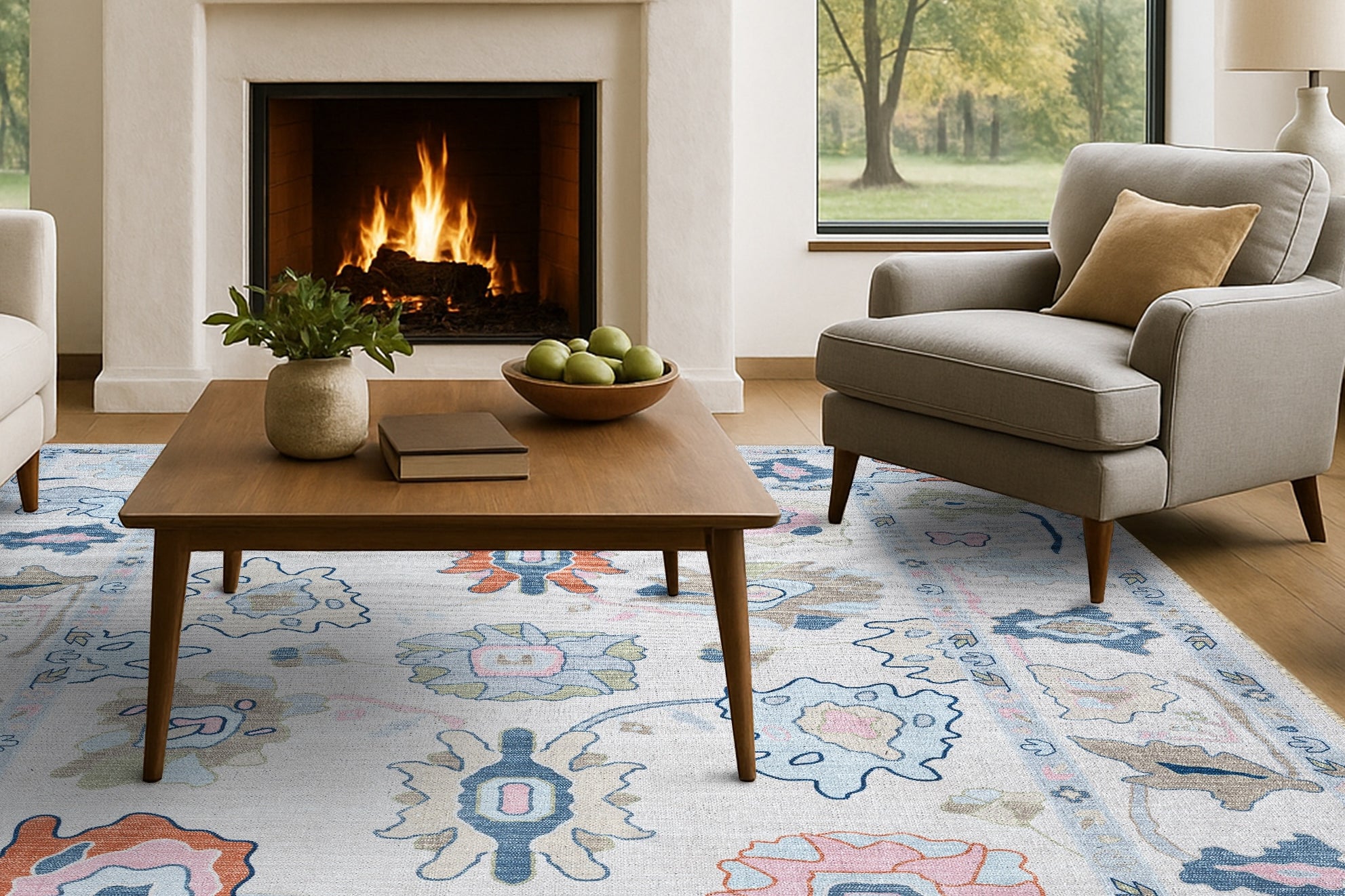 Mary Rose White Pastel Colorful Floral Oushak Rug