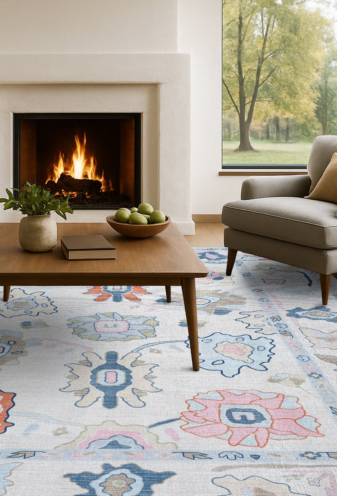 Mary Rose White Pastel Colorful Floral Oushak Rug