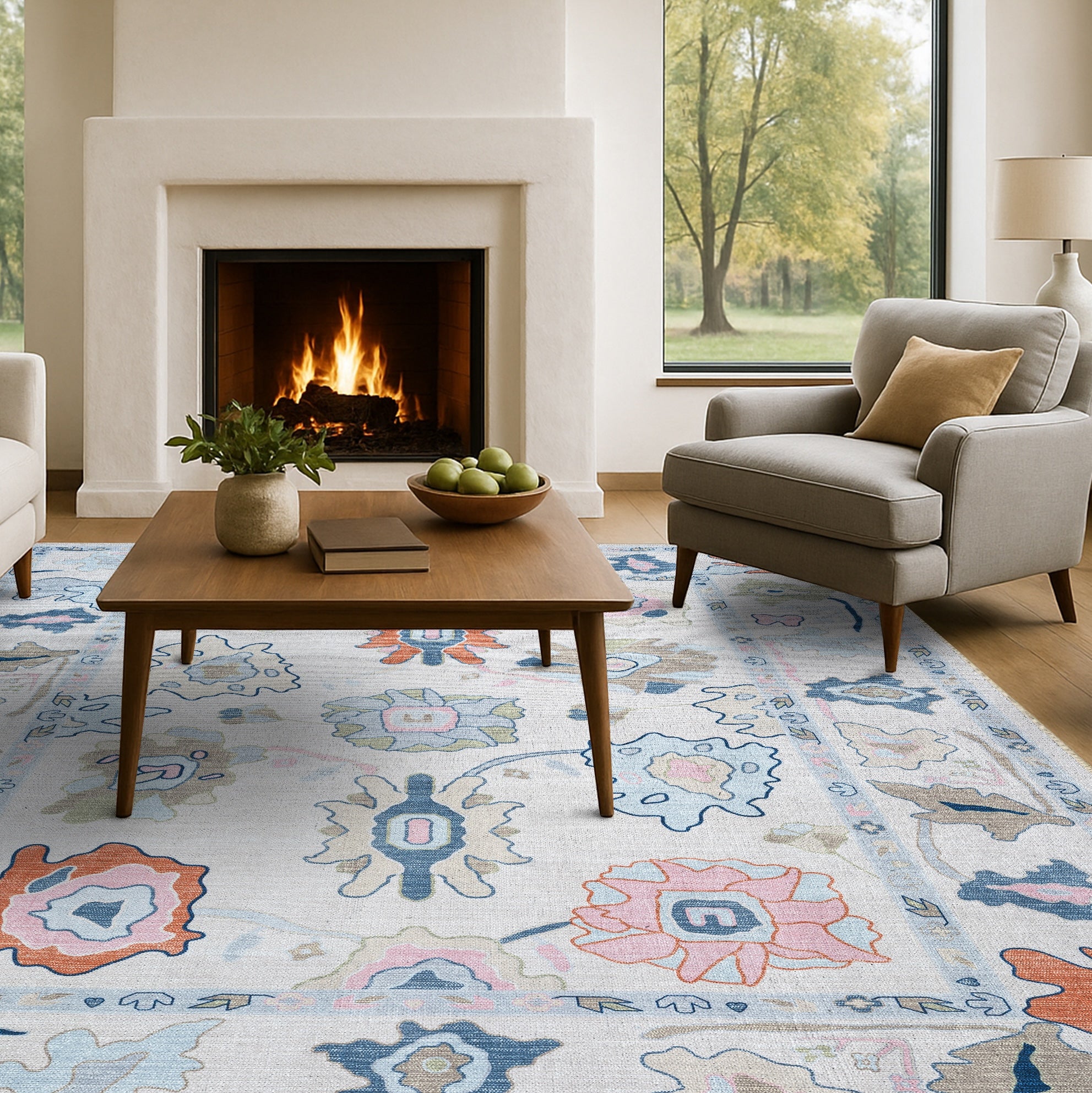 Mary Rose White Pastel Colorful Floral Oushak Rug
