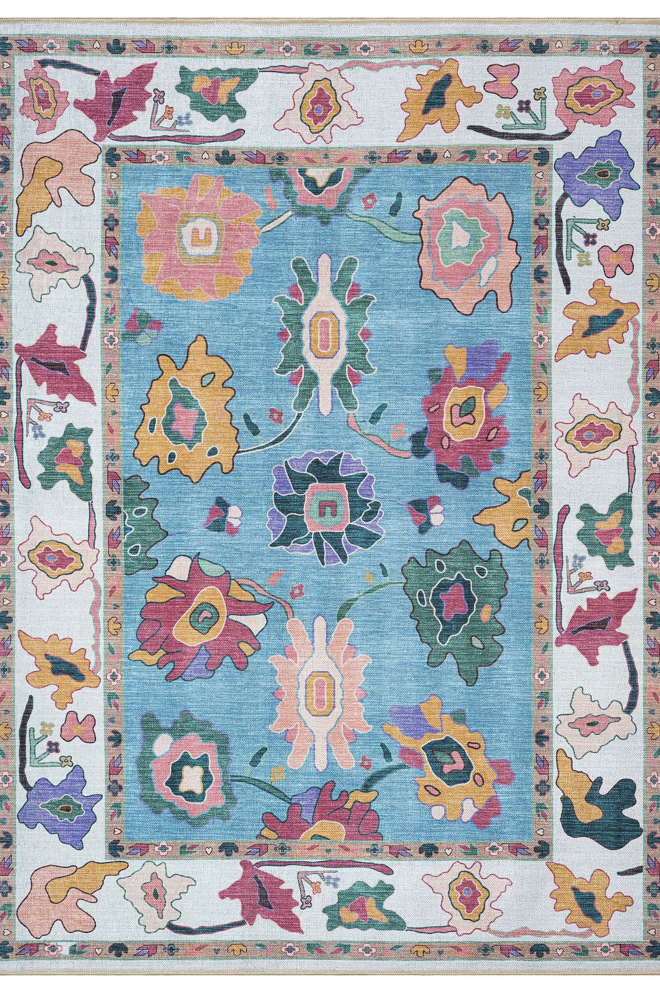 Farhana Green Colorful Floral Modern Oushak Rug